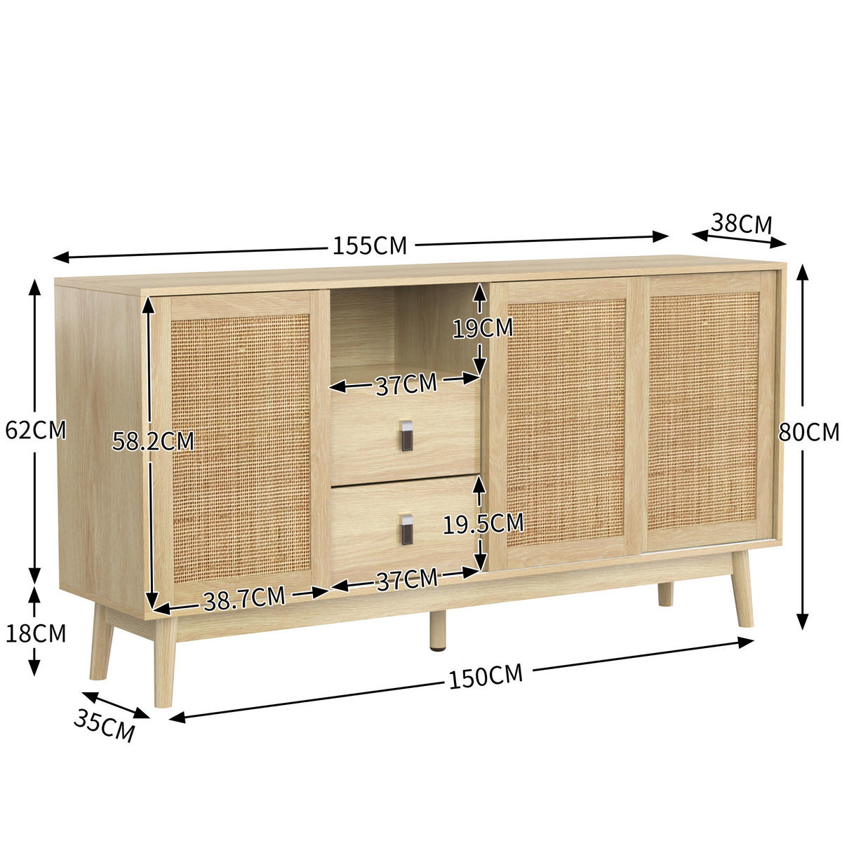 SIDEBOARD 155/38/80 cm aus MDF und Spanplatte mit Rattanschiebetüren und 2 Schubladen Holzfarben - Naturfarben, Holzwerkstoff (155/80/38cm) - Modenvie
