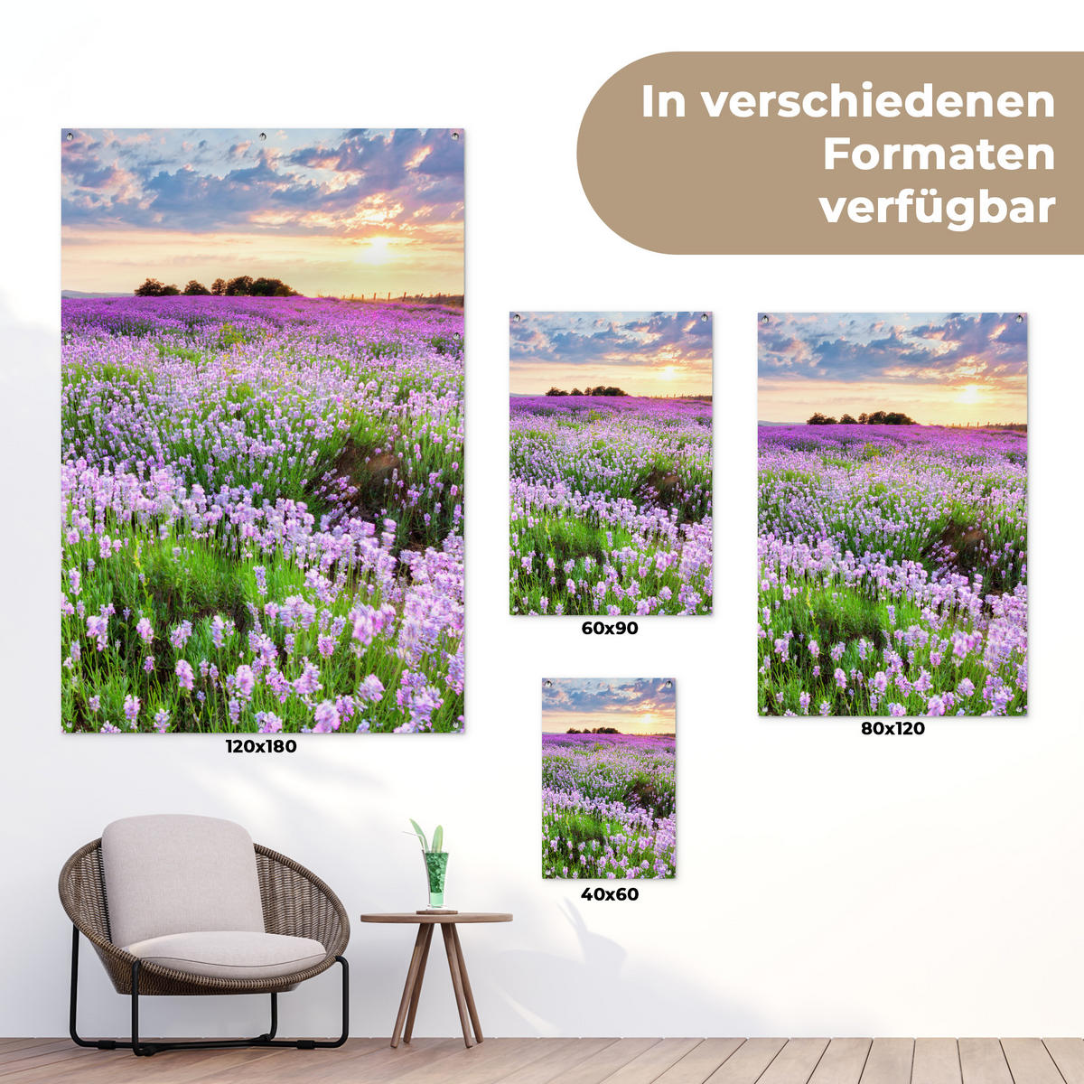ZAHRADNÍ PLAKÁT Květiny - Levandule - Fialová - Obloha - Západ slunce - Louka - Příroda 80x120 cm - šeříková, plast (80/120/0.2cm) - OnlyWow