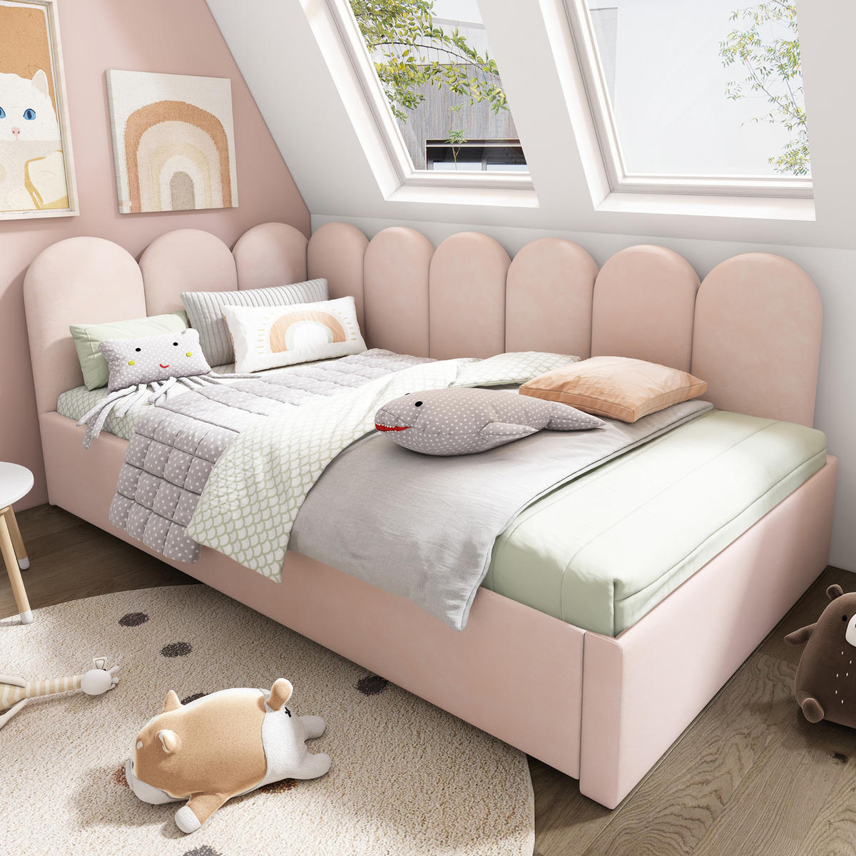 KINDERBETT Polsterbett 90/200 cm aus Samt mit Ausziehbett Rosa - Rosa, Textil (90/200cm) - Modenvie