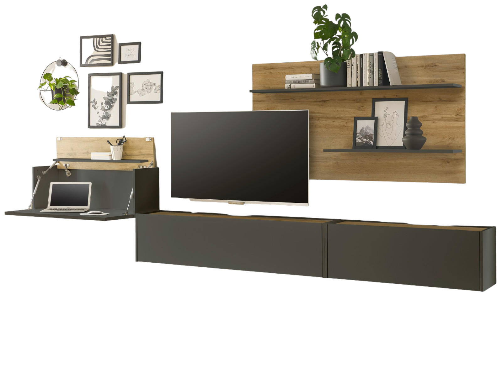 WOHNWAND grau matt, Eiche Wotan 350 cm, Schrankwand mit Sekretär - Eiche Wotan/Grau, Holzwerkstoff/Metall (350/180/30cm) - Furn.Design