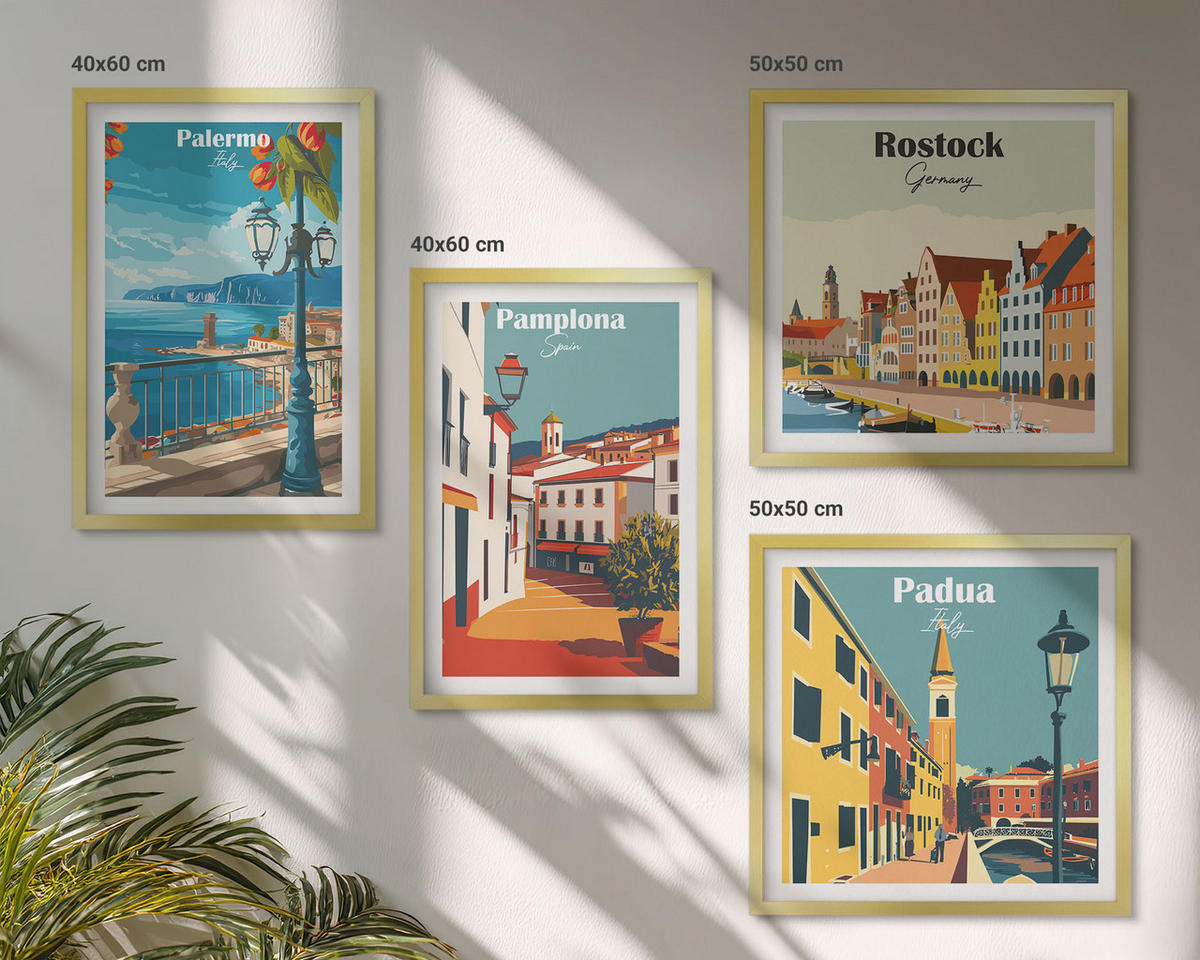 BILDER SET 4er Set - 50x50 cm & 40x60 cm Goldrahmen - Retro-Stadtillustrationen - Goldfarben, Kunststoff (50/50cm) - TULUP