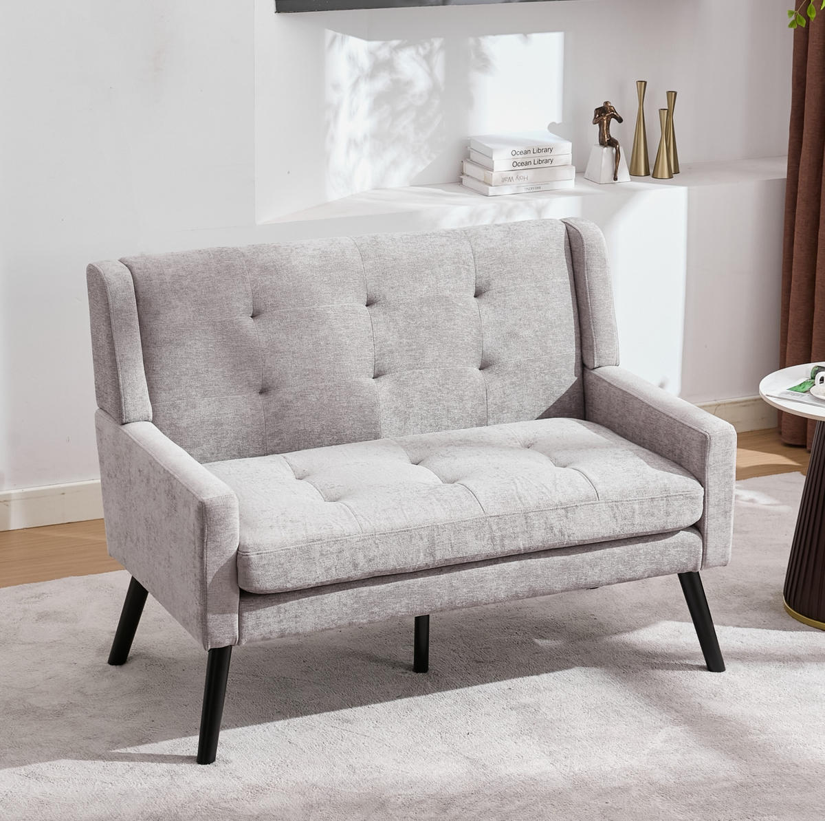 SITZBANK 2-Sitzer Leinenoptik Polster mit Knopfsteppung, Massivholzbeinen 119/75/88 cm Hellgrau - Hellblau, Textil (75/88/119cm) - Redom