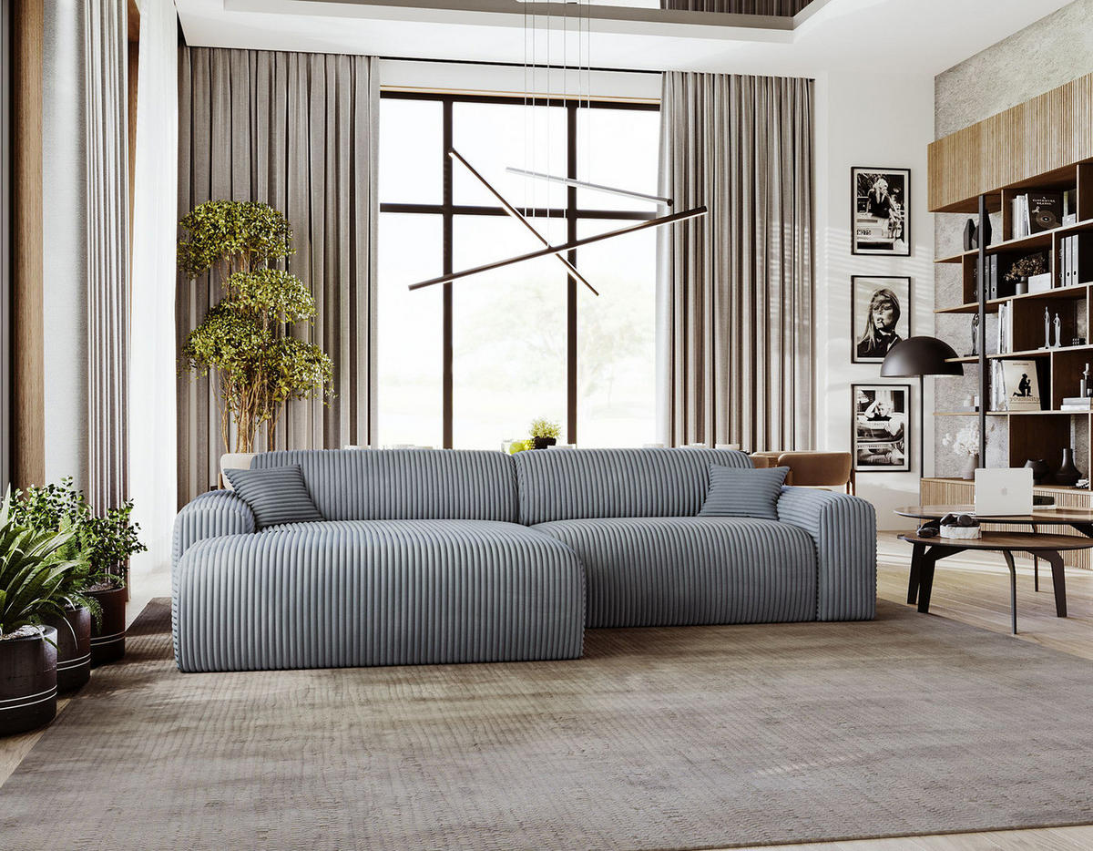 ECKSOFA mit Longchair - Cord - Blaugrau/Schwarz, Kunststoff/Textil (284/178cm) - home24