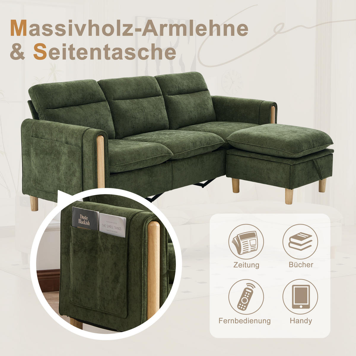 ECKSOFA 201/110/86 cm Grün mit Aufbewahrungshocker und Seitentaschen - Grün, Holz/Textil (201/110cm) - Oxeza