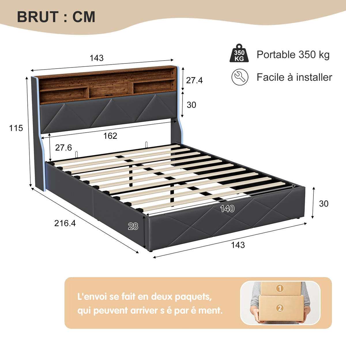 POLSTERBETT 140x200 cm LED USB Stauraum Lattenrost PU Leder schwarz - Schwarz, Holz (140/200cm) - LEBENLANG