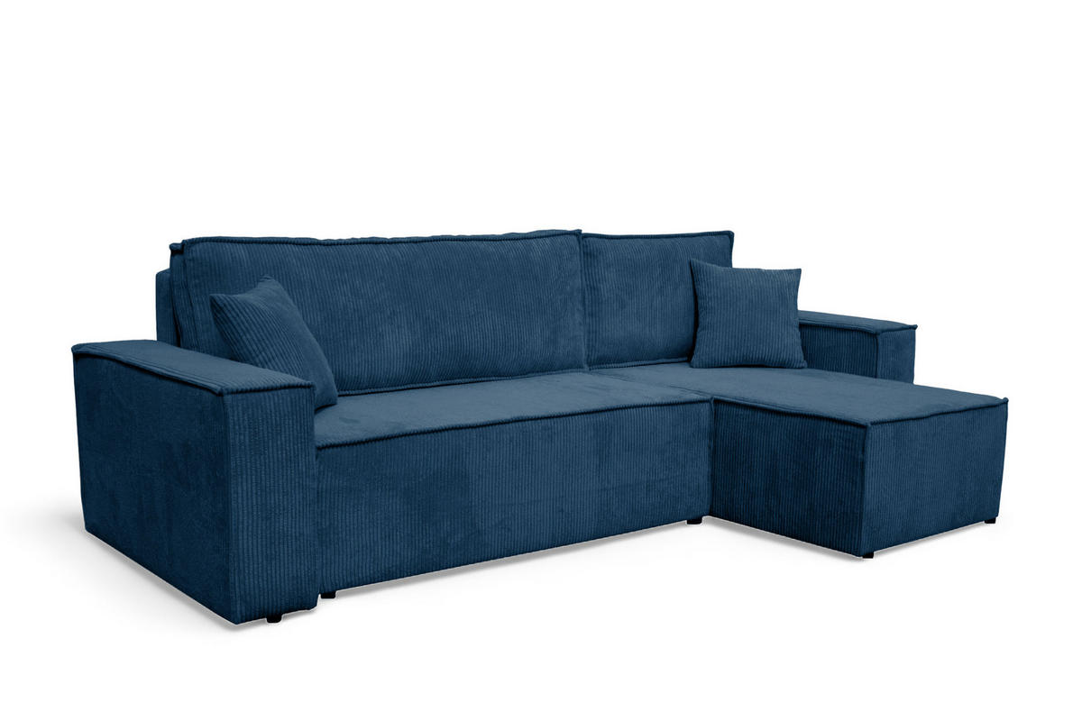 ECKSOFA Hugo L in L-Form mit Schlaffunktion und Bettkasten, Farbe: Blau, Cordstoff, Ottomane Unsiversal - Blau, Textil (244/145cm) - VENASI MÖBEL