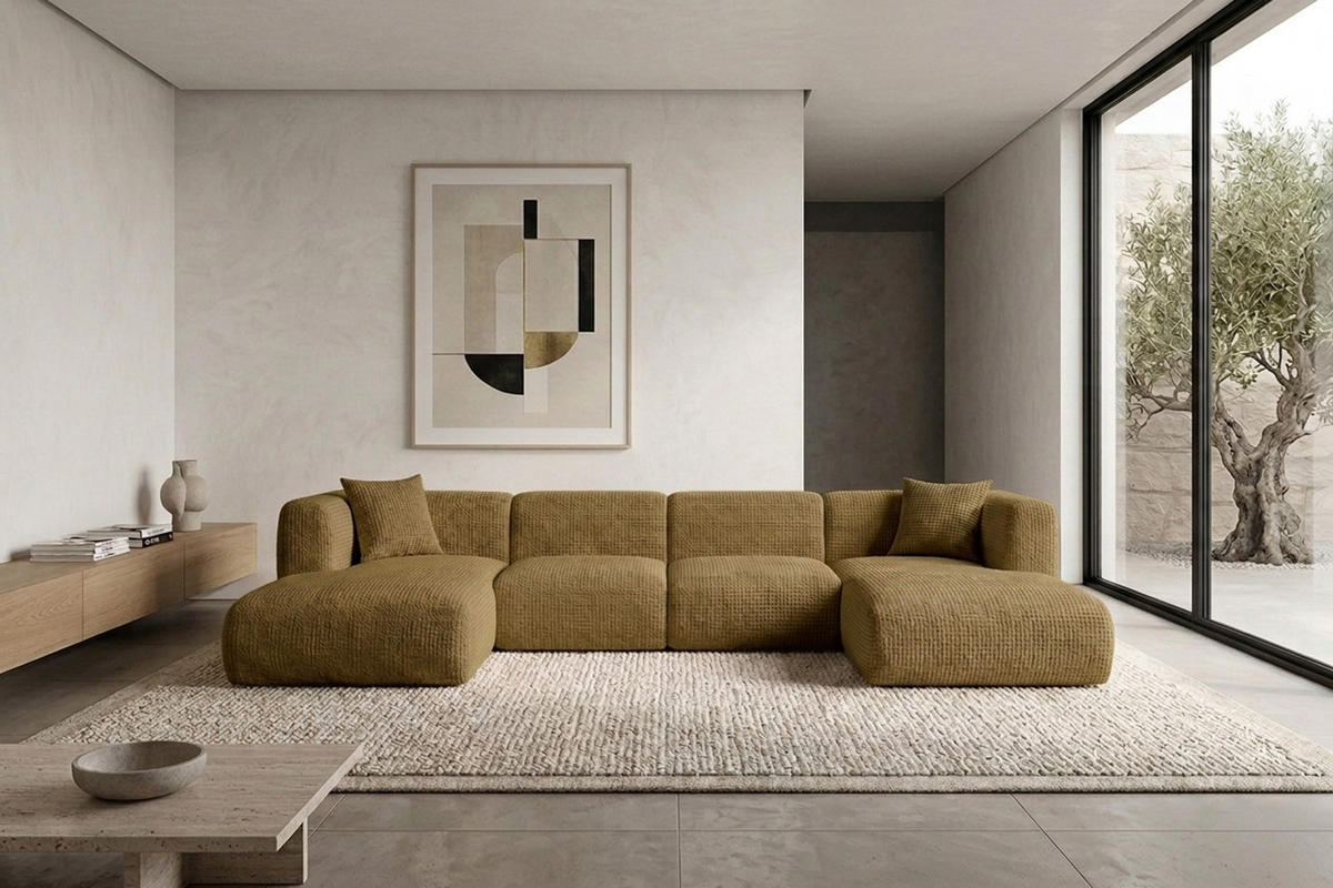 ECKSOFA U-Form, Chenille-Stoff Cremona, Olive, GRETA - Olivgrün, Holz (408/70/179cm) - Kaiser Möbel