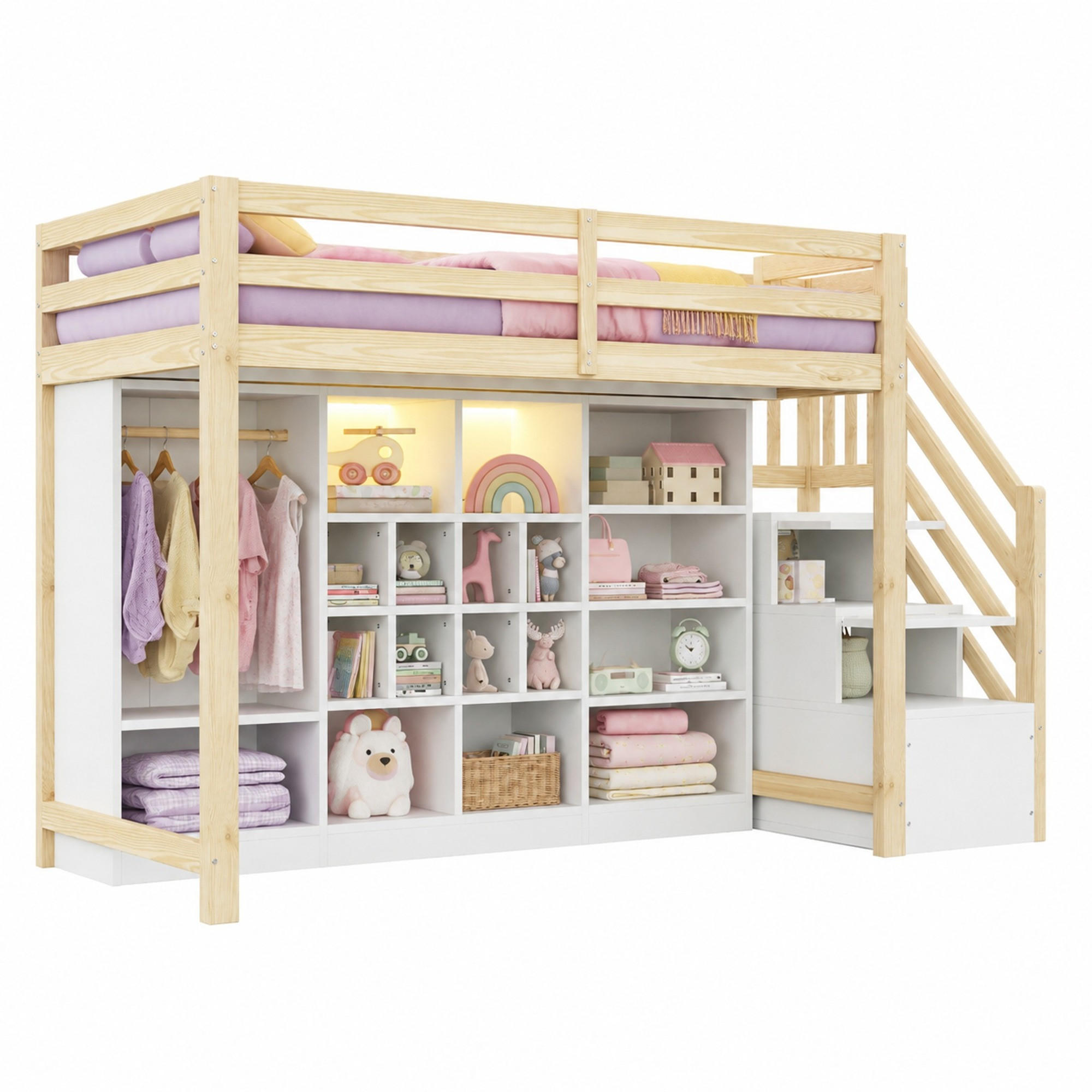 HOCHBETT 90/200 mit LED, Stauraumtreppe und Kleiderschrank in Holzfarbe - Weiß/Naturfarben, Holzwerkstoff (90/200cm) - EVRYAE