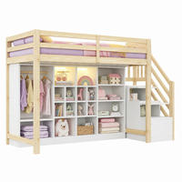 HOCHBETT 90/200 mit LED, Stauraumtreppe und Kleiderschrank in Holzfarbe - Weiß/Naturfarben, Holzwerkstoff (90/200cm) - EVRYAE