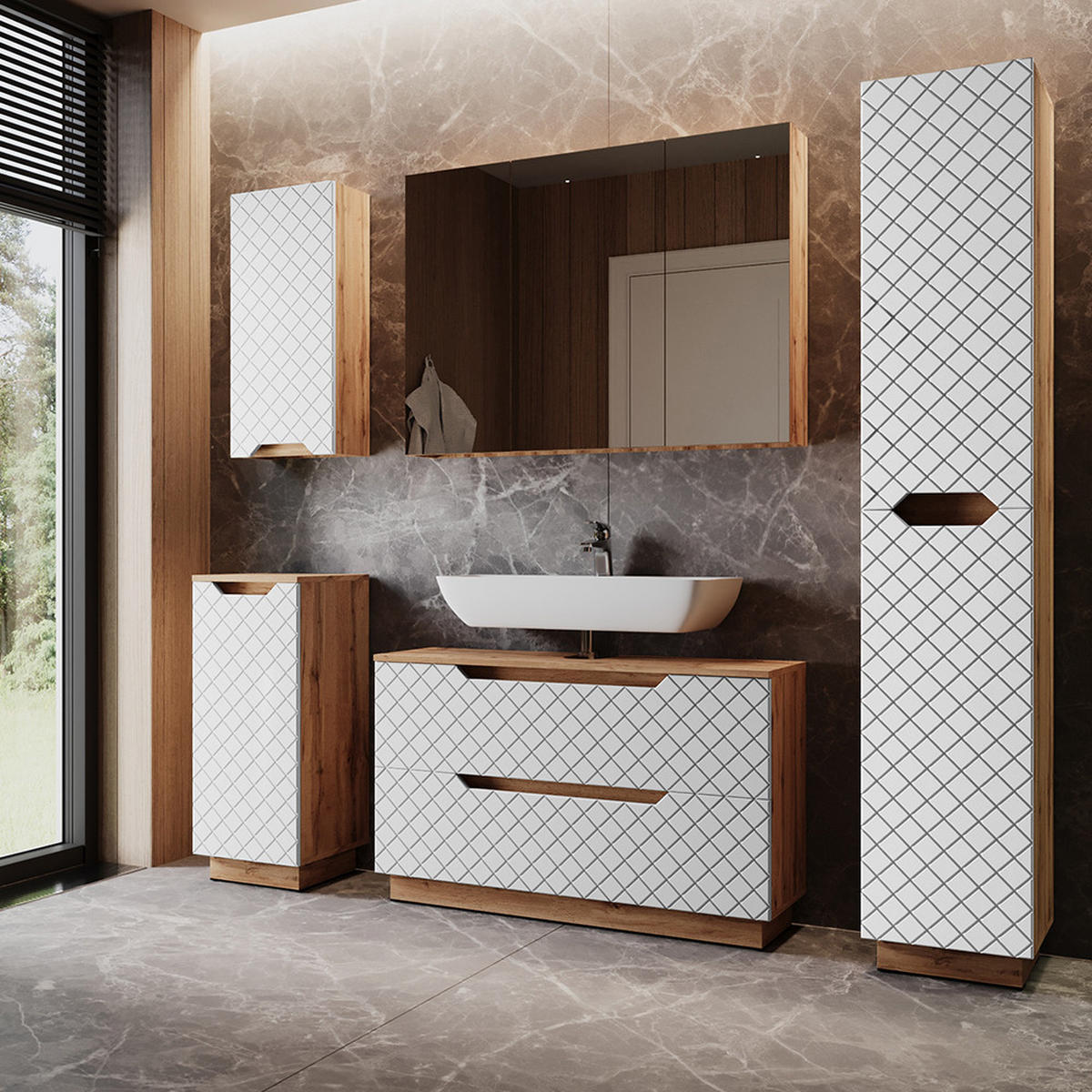 KOUPELNOVÝ NÁBYTEK Lotta Dub/bílá se strukturou dlaždic - bílá, kompozitní dřevo (99.4/62.5/32cm) - Vicco