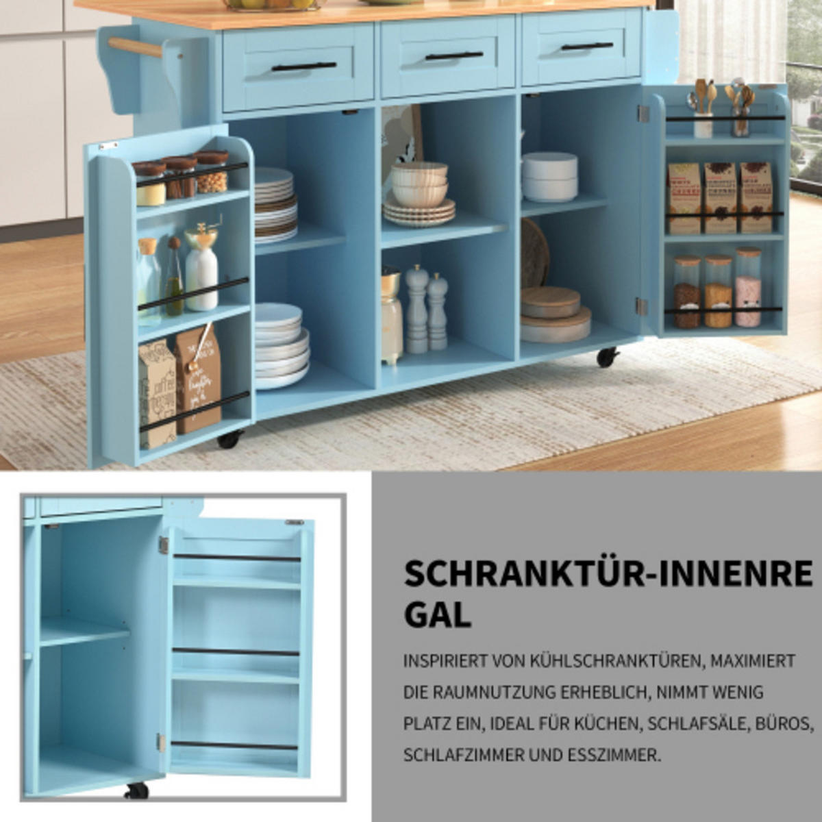 KÜCHENINSEL Blau aus MDF mit klappbarer Erweiterungsplatte 139 × 46 × 91,5 cm - Blau, Holzwerkstoff (139/91.5/71cm) - Luhomfu