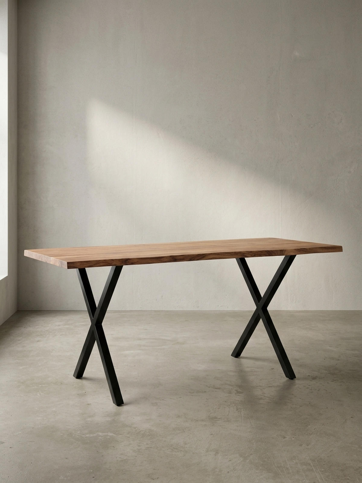 SCHREIBTISCH Massivholz X-Gestell Baumkante Handgefertigt KRETA, Goldbraun-Schwarz 140x80x76 cm - Schwarz/Braun, Holz/Metall (80/140/76cm) - KADIMA DESIGN