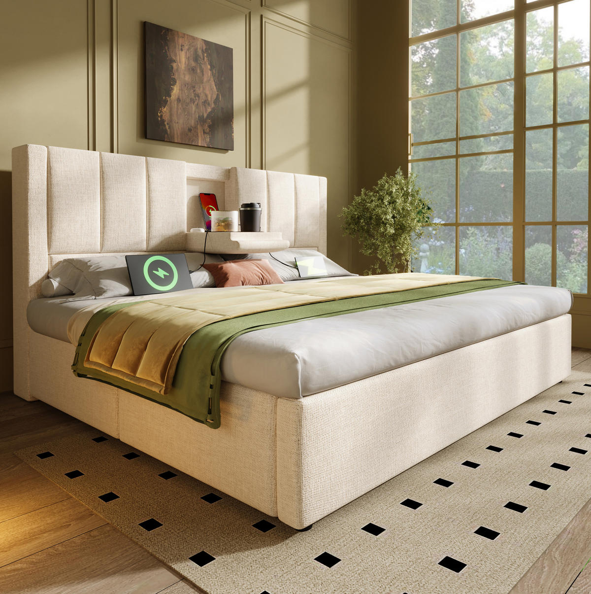 POLSTERBETT mit Stauraum und Ladestation 140x200 cm Leinen Beige - Beige, Metall (140/200cm) - Meubliv