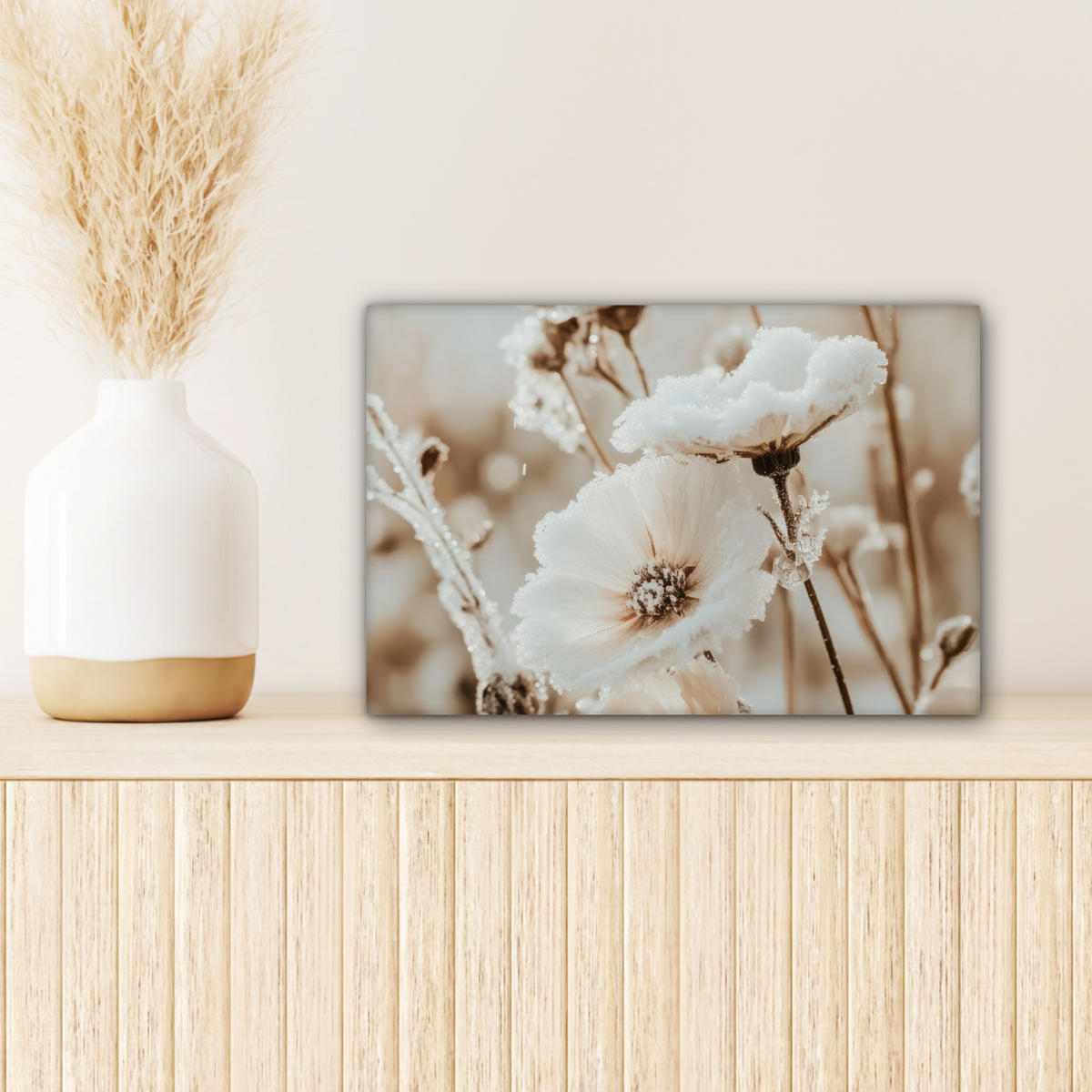 LEINWANDBILD Blumen - Winter - Weiß - Schnee - Beige 30x20 cm - Creme, Textil (30/20cm) - MuchoWow