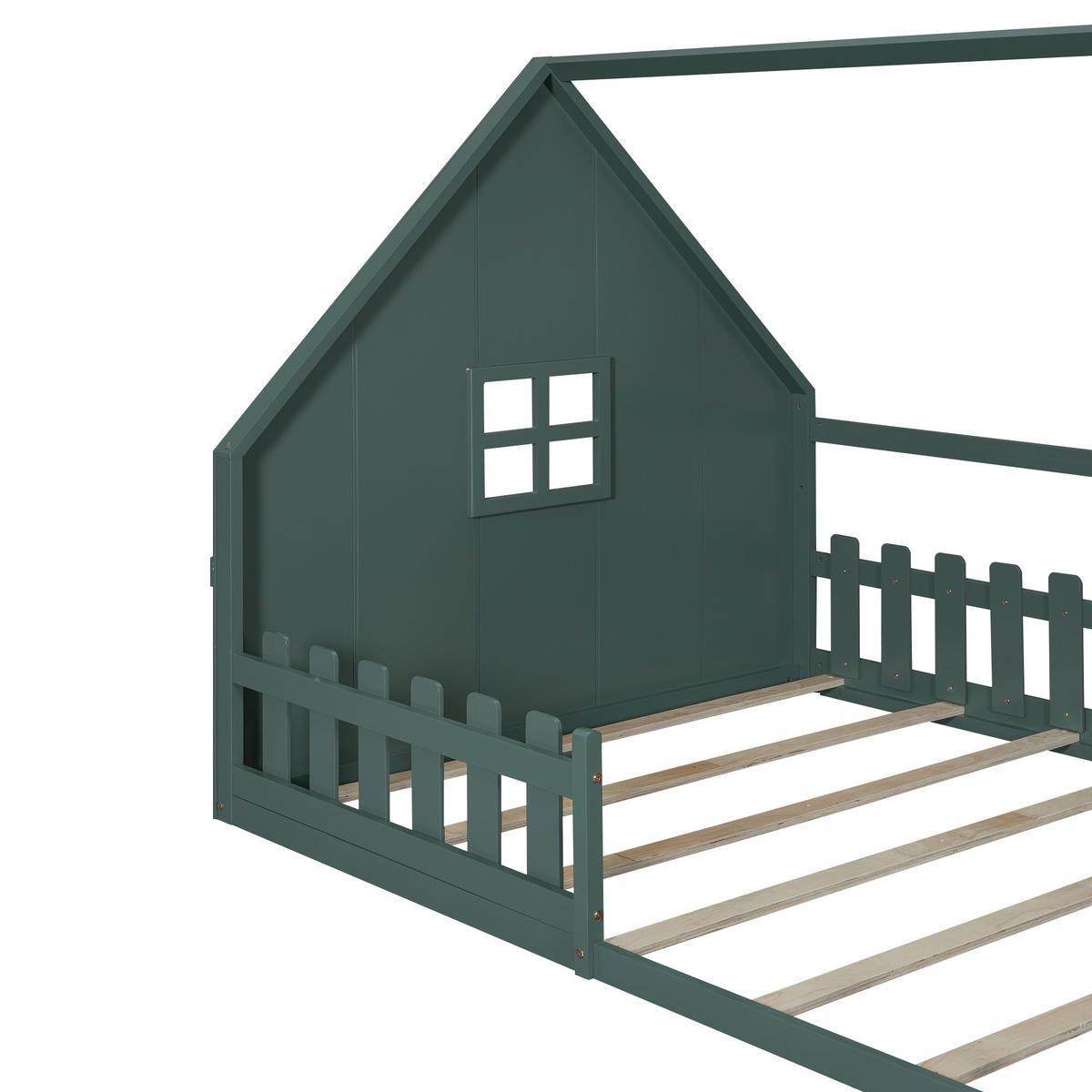 FLACHBETT 140x200cm Grün Kiefer Kinderbett Hausleiste Geländer - Grün, Holz (140/200cm) - FLIEKS