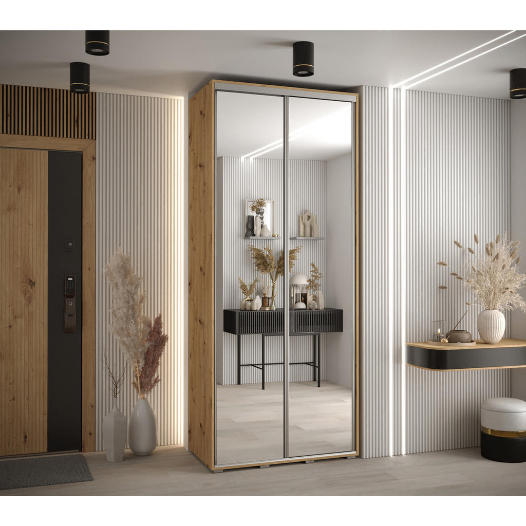 Thumbnail - Abiks Möbel Schwebetürenschrank, Eiche Artisan, Silber, Metall, Nachbildung, 6 Fächer, 120x235x60 cm, Schlafzimmer, Klei...