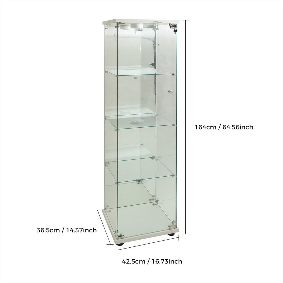 VITRINE - Glasvitrine mit 4 Ebenen - integrierte LED-Beleuchtung - Weißer Holzboden - Weiß, Glas (42.5/164/36.5cm) - DELFA