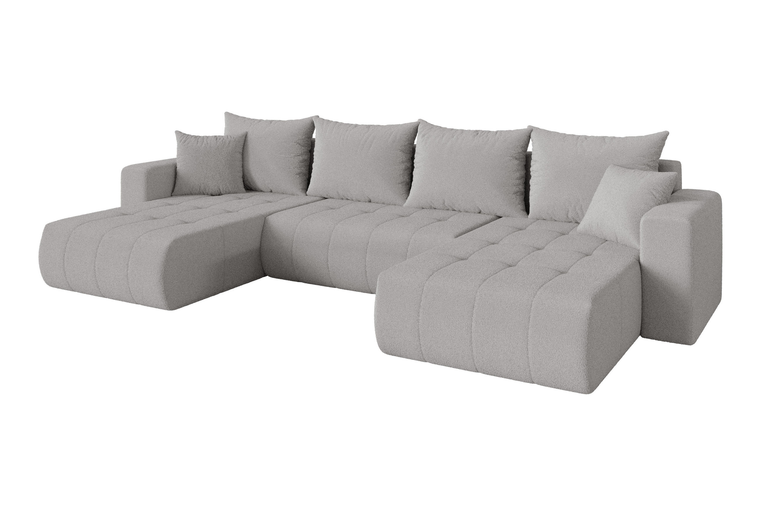 WOHNLANDSCHAFT mit Schlaffunktion und Bettkasten MILA-U 378x194x86 Hellgrau Bouclé - Silberfarben/Hellgrau, Holzwerkstoff/Kunststoff (378/86/194cm) - ALTDECOR