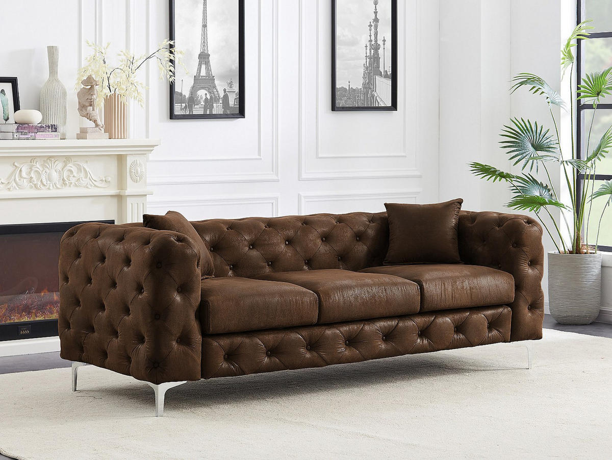 CHESTERFIELD Sofa 3-Sitzer - Mikrofaser - Vintage-Leder-Optik - EDWINA - Braun, Textil (220/76/91cm) - Vente-Unique
