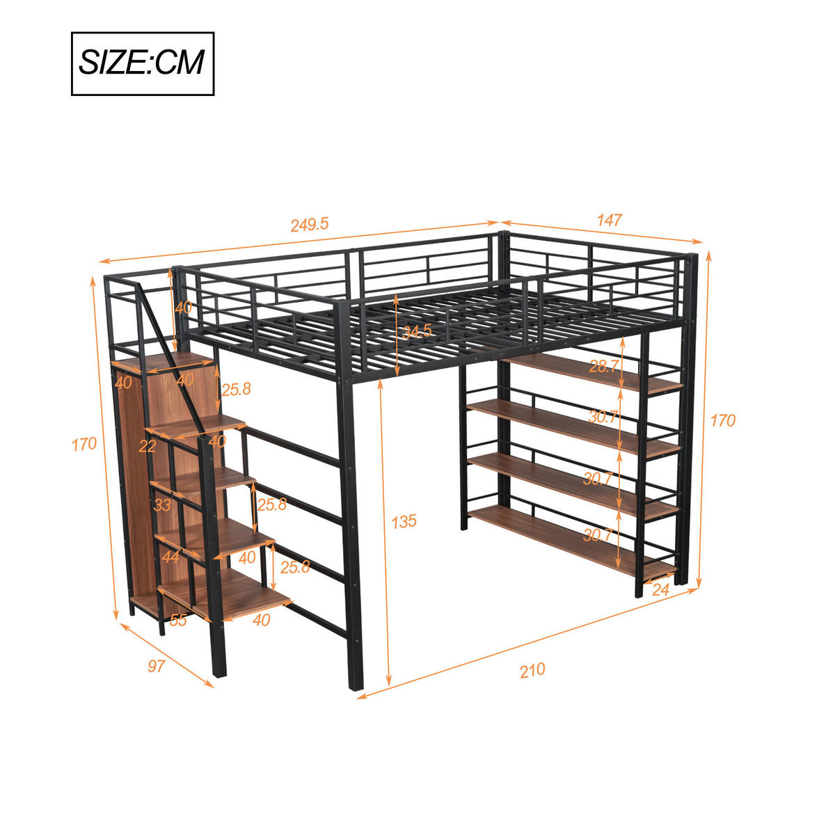 VYSOKÁ posteľ 140/200 cm čierna z MDF a kovu s úložnými schodmi, policami a malou skriňou - čierna, kov (140/200cm) - OKWISH