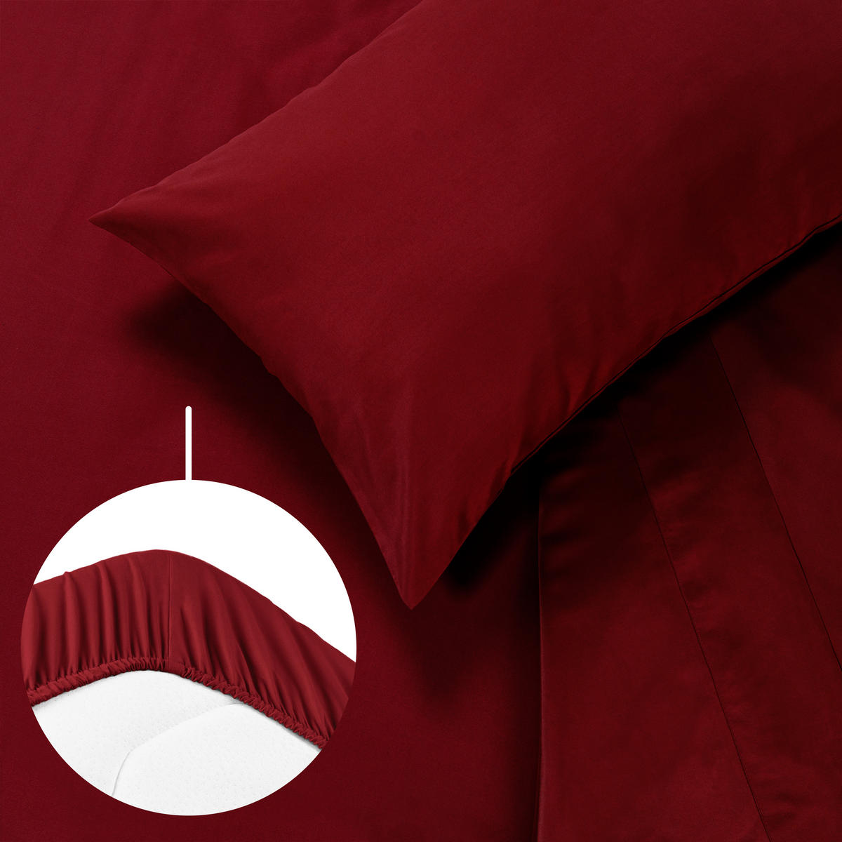 BETTLAKEN 3er Set - Spannbettlaken 180x200x30cm 2X Kissenbezug 50x80cm - Aurora Red - Kirschrot, Textil (180/200cm)