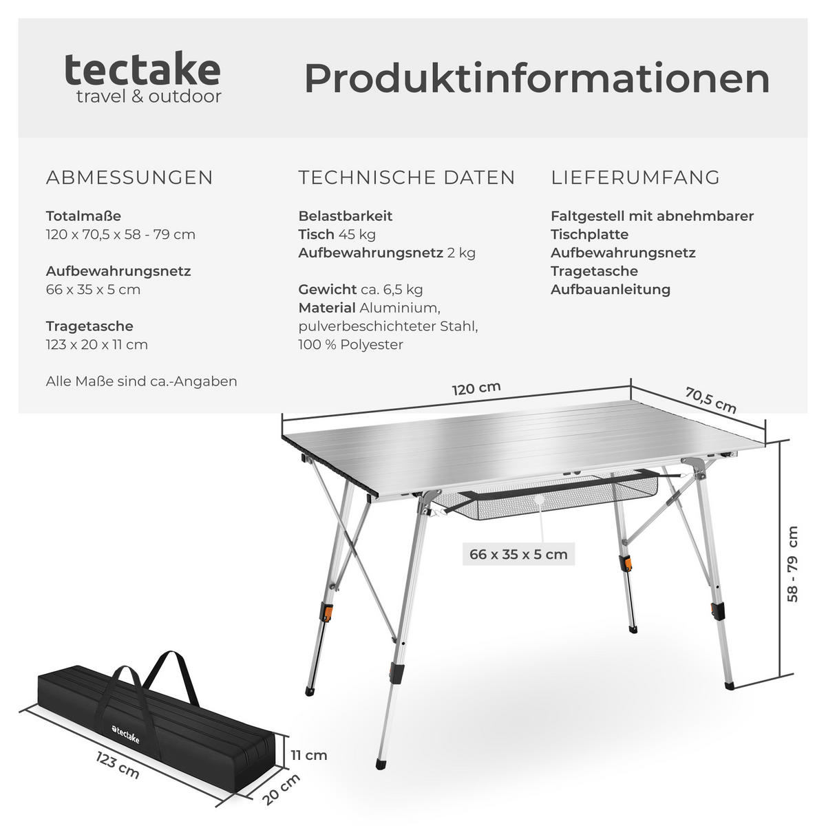 CAMPINGTISCH Bastian,120 x 70,5 x 58 – 79 cm,silber - Silberfarben, Metall (120/70.5/79cm) - tectake