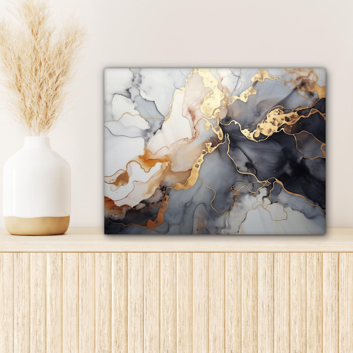 LEINWANDBILD Marmor - Schwarz - Gold - Weiß Wandbild 40x30 cm - Dunkelgrau, Textil (40/30cm) - MuchoWow