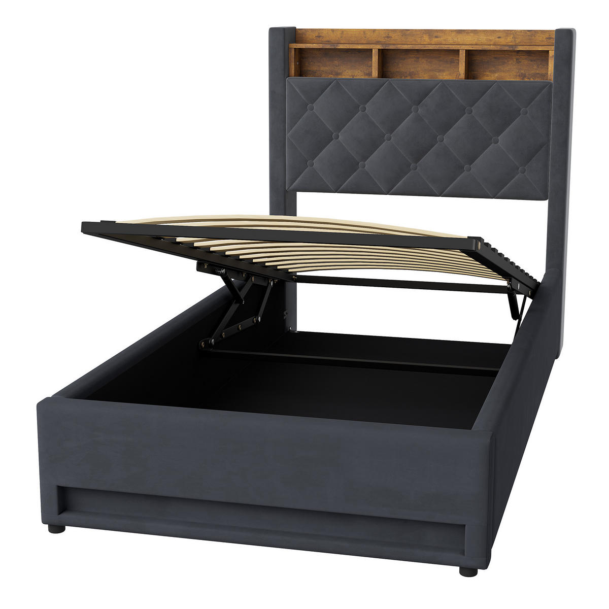 POLSTERBETT 90/190 cm in Dunkelgrau Samt mit Bettkasten, LED-Beleuchtung und USB-Anschluss - Dunkelgrau, Holzwerkstoff/Textil (90/190cm) - CHICFURN