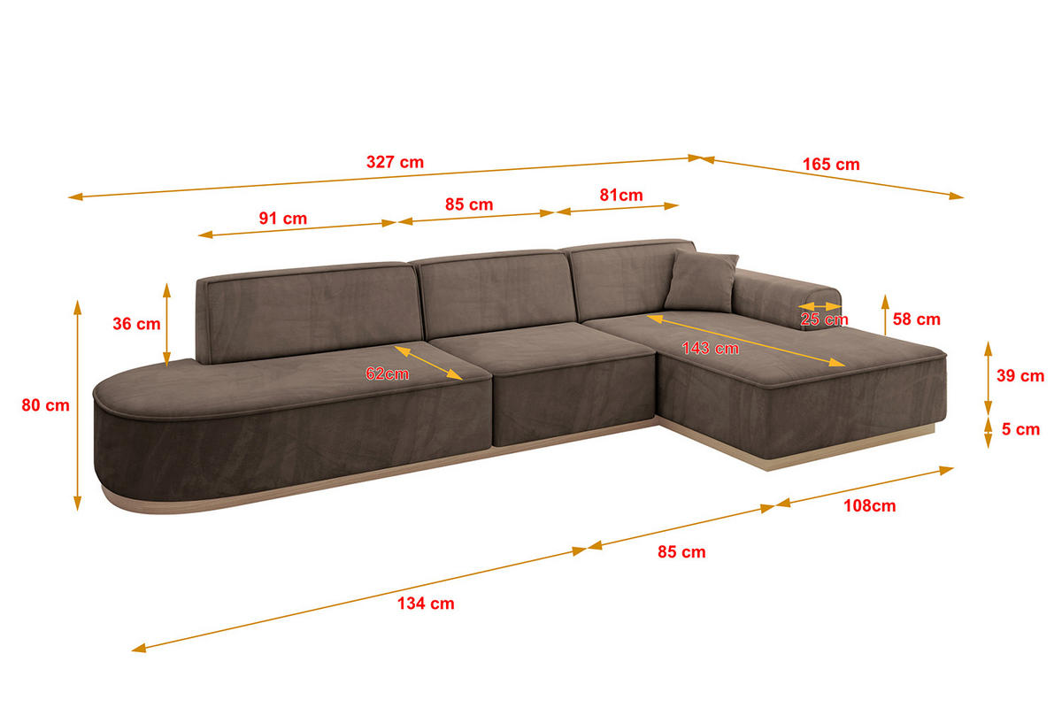 ECKSOFA Ottomane Rechts IREA-L2 - 327x165x80 cm Braun - Braun, Holzwerkstoff/Textil (327/165cm) - ALTDECOR