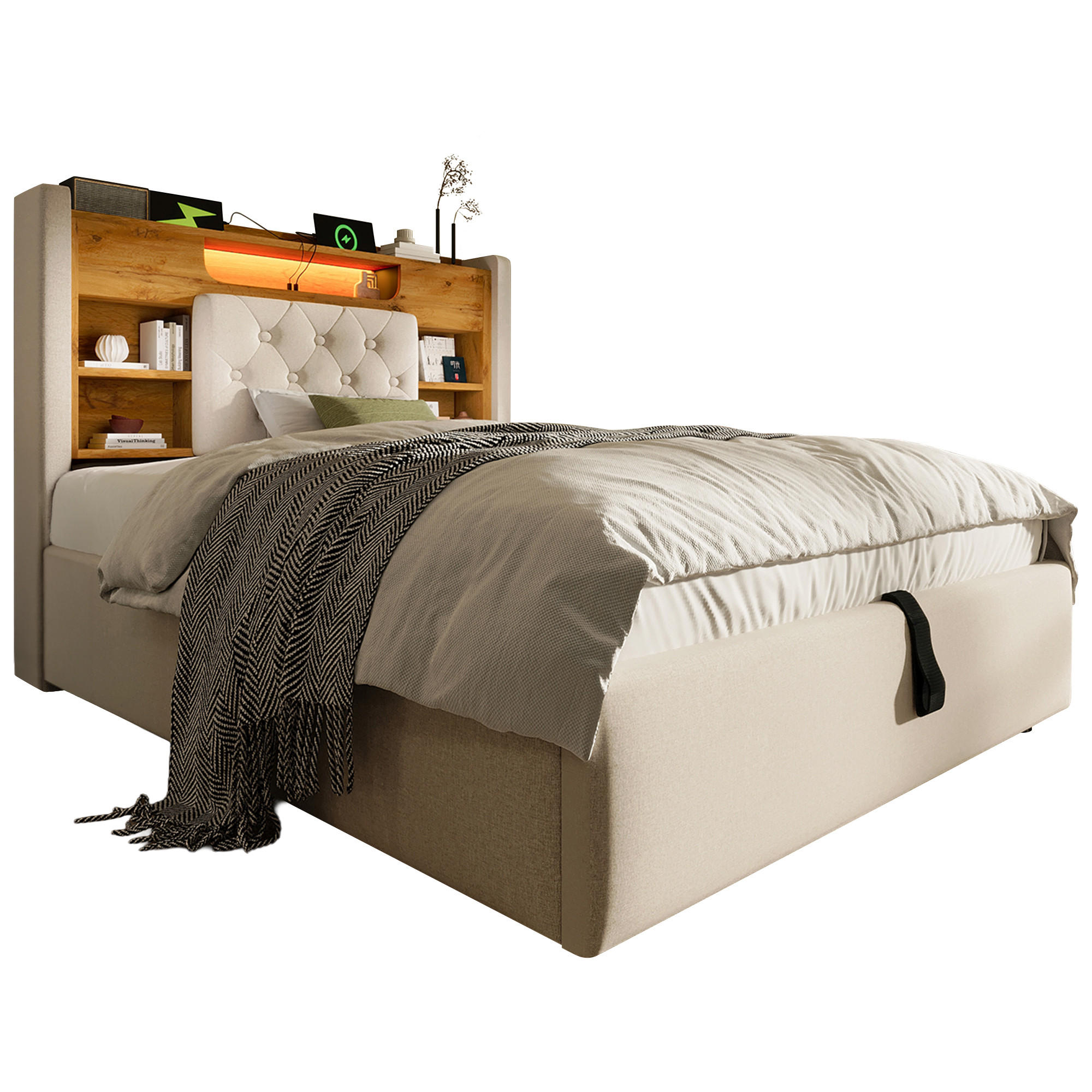 ČALOUNĚNÁ POSTEL 90/200 cm v béžové barvě s úložným prostorem, LED a USB-C - béžová, kov/kompozitní dřevo (90/200cm) - CHICFURN
