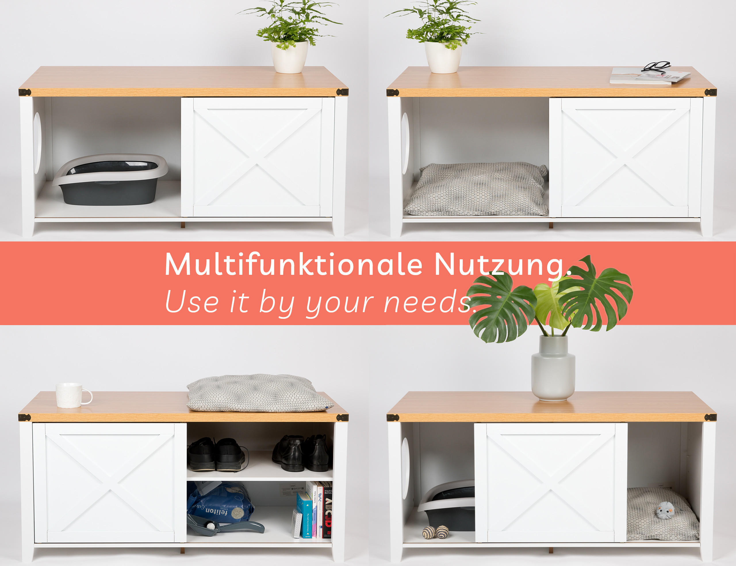 KATZENSCHRANK groß für Katzentoilette XXL aus Holz, mit Schuhschrank & Sitzkommode - Weiß, Holz (110/55/50cm) - needs&wants