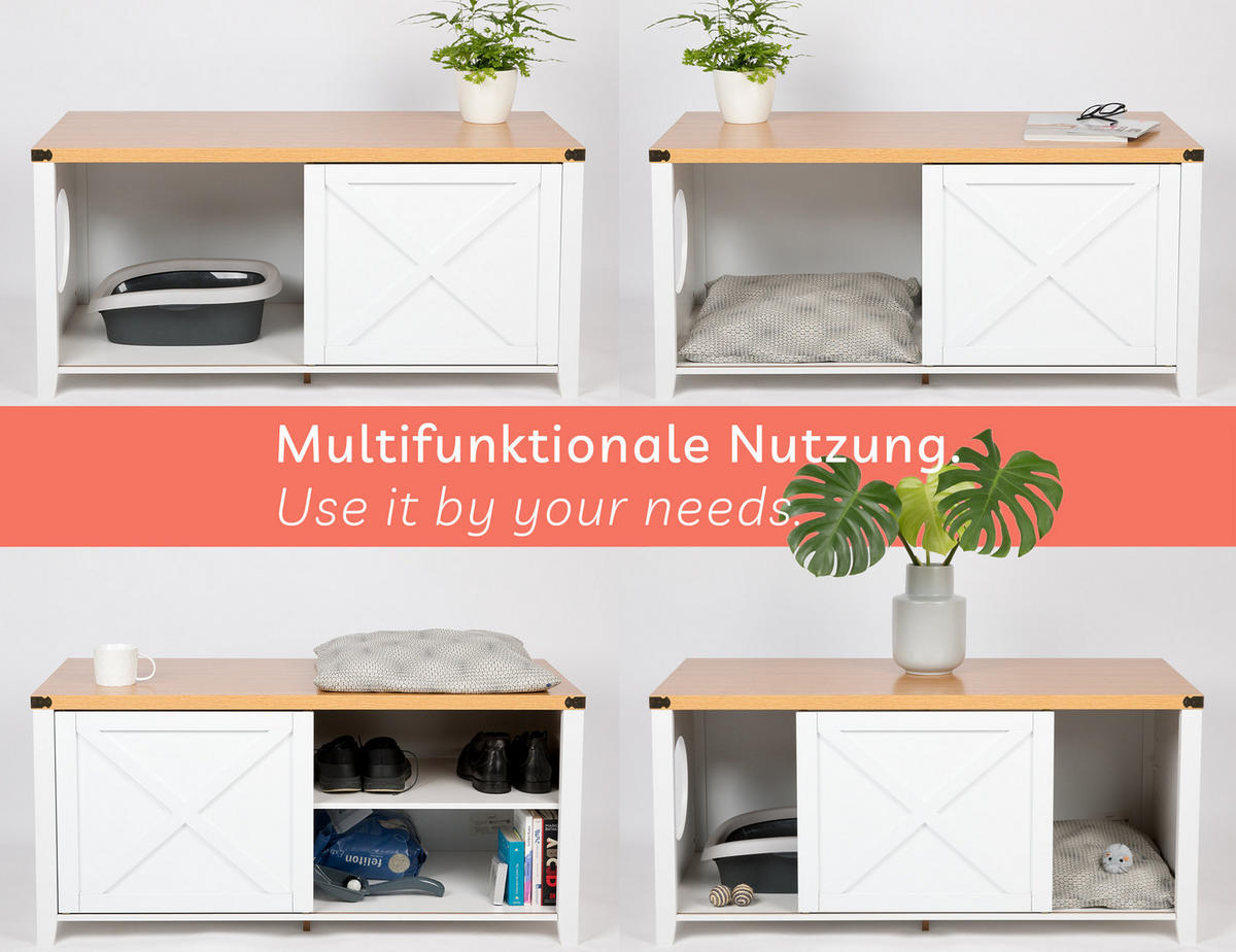 KATZENSCHRANK groß für Katzentoilette XXL aus Holz, mit Schuhschrank & Sitzkommode - Weiß, Holz (110/55/50cm) - needs&wants