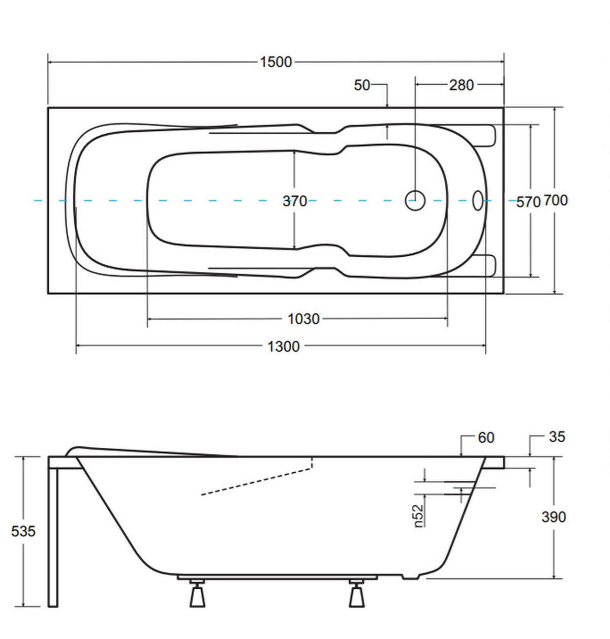 BADEWANNE Rechteck MAJKA 150/70 mit Schürze Ablauf Füße - Weiß, Kunststoff (70/53.5/150cm) - bad land