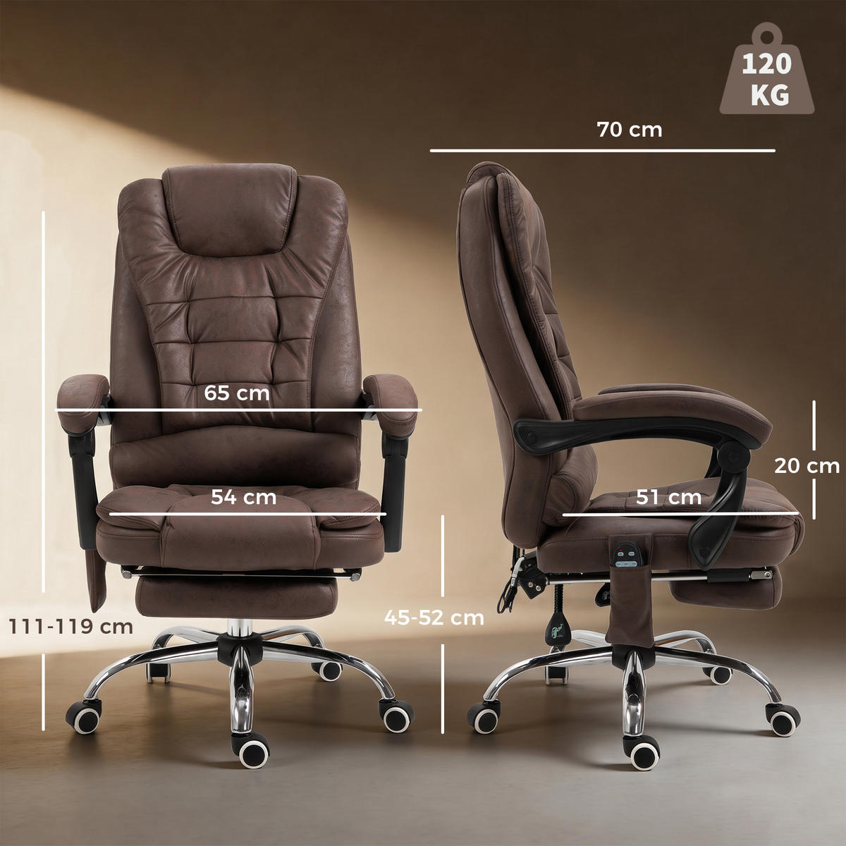 KŘESLO s masážní funkcí, ergonomická kancelářská židle s funkcí polohování - stříbrná/hnědá, kov/textil (70/119/65cm) - Vinsetto