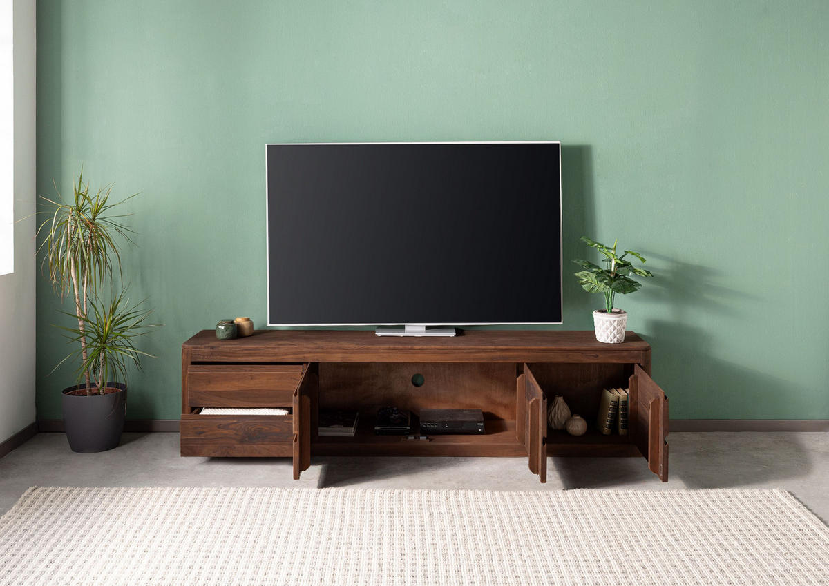 TV-BOARD Sheesham 220x40x50 rot-braun gebeizt TORONTO #166 - Dunkelbraun, Holz (40/50/220cm) - Massivmoebel24