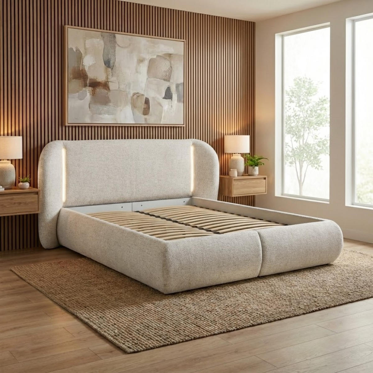 POLSTERBETT Corfu mit LED-Beleuchtung, mit Bettkasten, rundliche Formen, 140x200, Beige - Beige, Textil/Metall (140/200cm) - Beautysofa