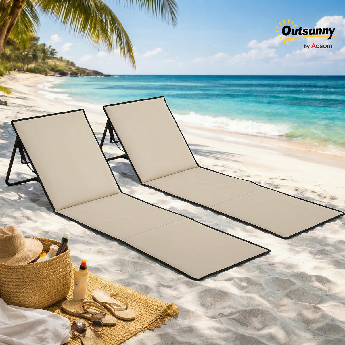 STRANDMATTE, 2er-Set, Beige, verstellbare Lehne mit Tragegurt, 142 x 51 x 40 cm - Weiß, Metall (142/40/51cm) - Vallsero