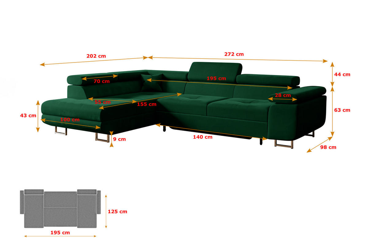 ECKSOFA mit Schlaffunktion und Bettkasten GUSA-L 272x202x107 cm Grün Velours - Silberfarben/Grün, Holzwerkstoff/Textil (202/272cm) - ALTDECOR