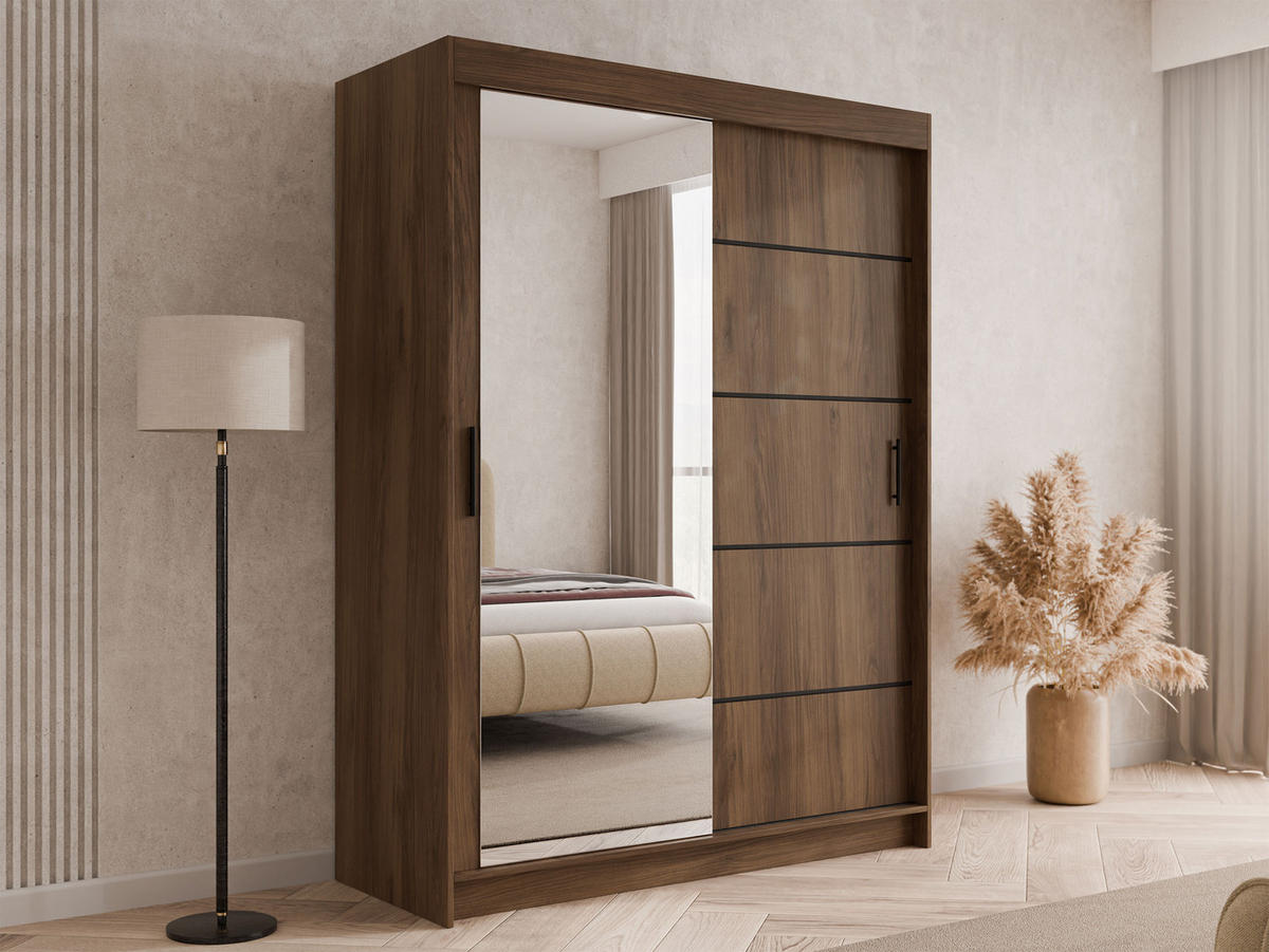SCHIEBETÜRENSCHRANK Infinity III 150 - Nussbaumfarben/Schwarz, Holzwerkstoff/Kunststoff (150/200/58cm) - MIRJAN24
