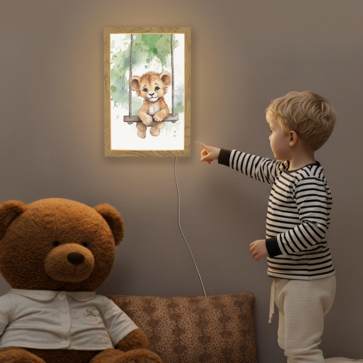 NACHTTISCHLAMPE Löwe - Tier - Kinder - Dschungel 20x30 cm - Weiß, Holzwerkstoff (8/20/30cm)