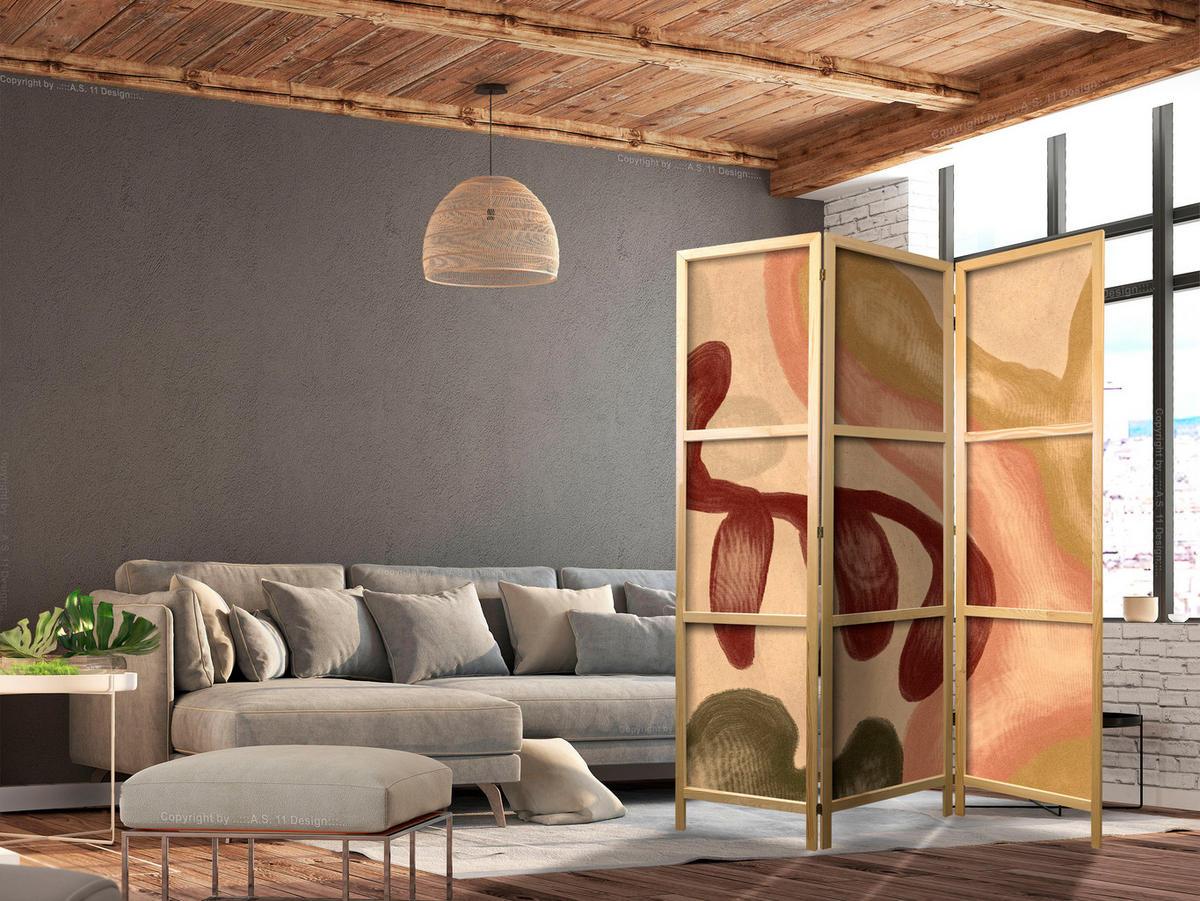 PARAVENT Japanischer 3-tlg 135x172 cm Retro Abstraktion - Multicolor, Holz/Textil (135/172/3cm) - Muralo