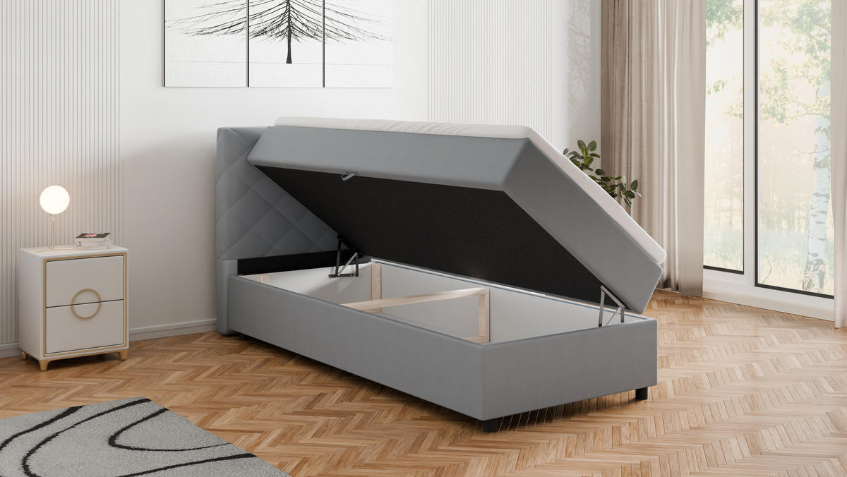 BOXBETT Diamaro 90x200 cm mit Bettkasten und Topper - Hellgrau - Hellgrau, Holz (90/200cm) - Panda Möbel