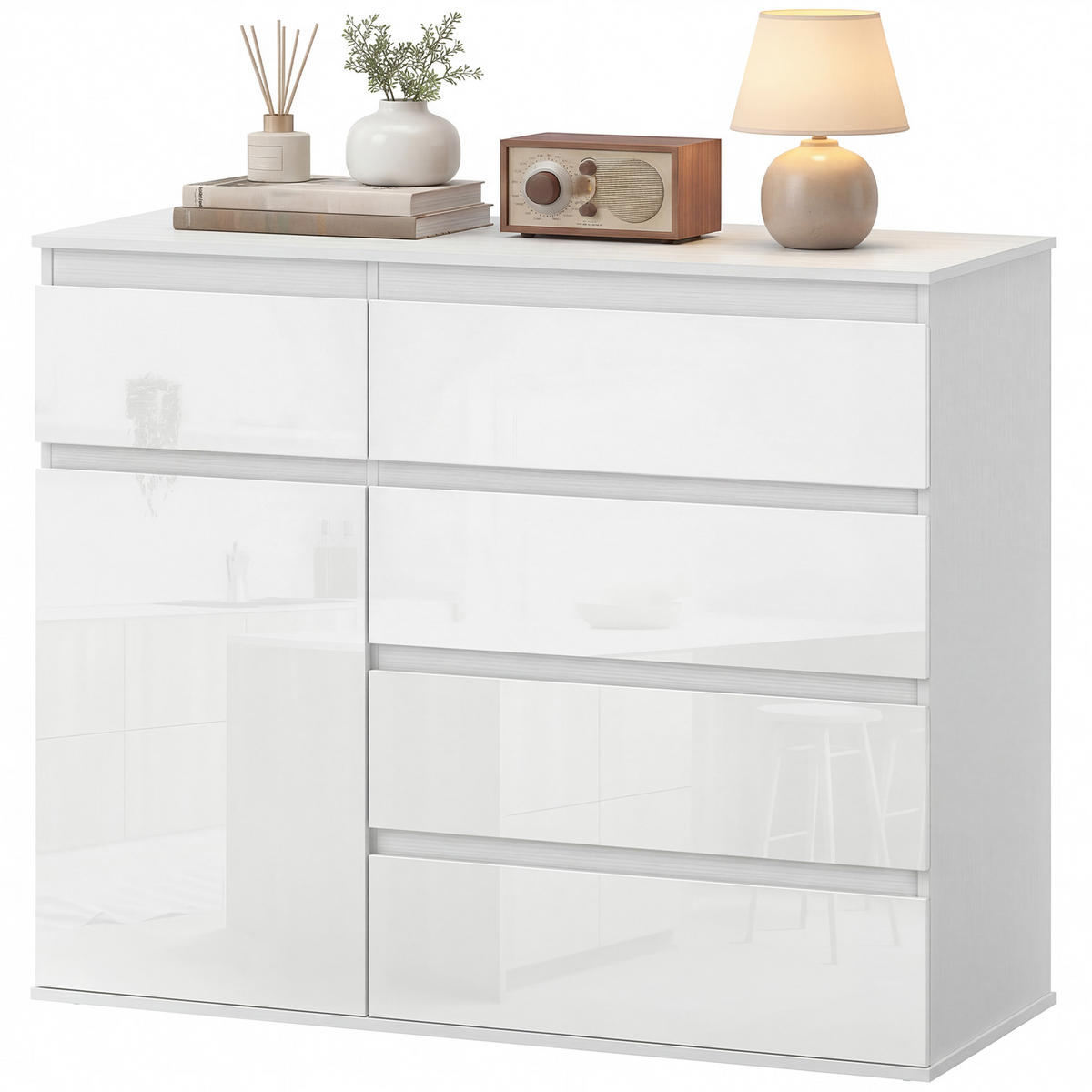 SIDEBOARD Weiß Hochglanz mit 5 Schubladen - Weiß Hochglanz, Holzwerkstoff (100/80/40cm) - PANGIVO