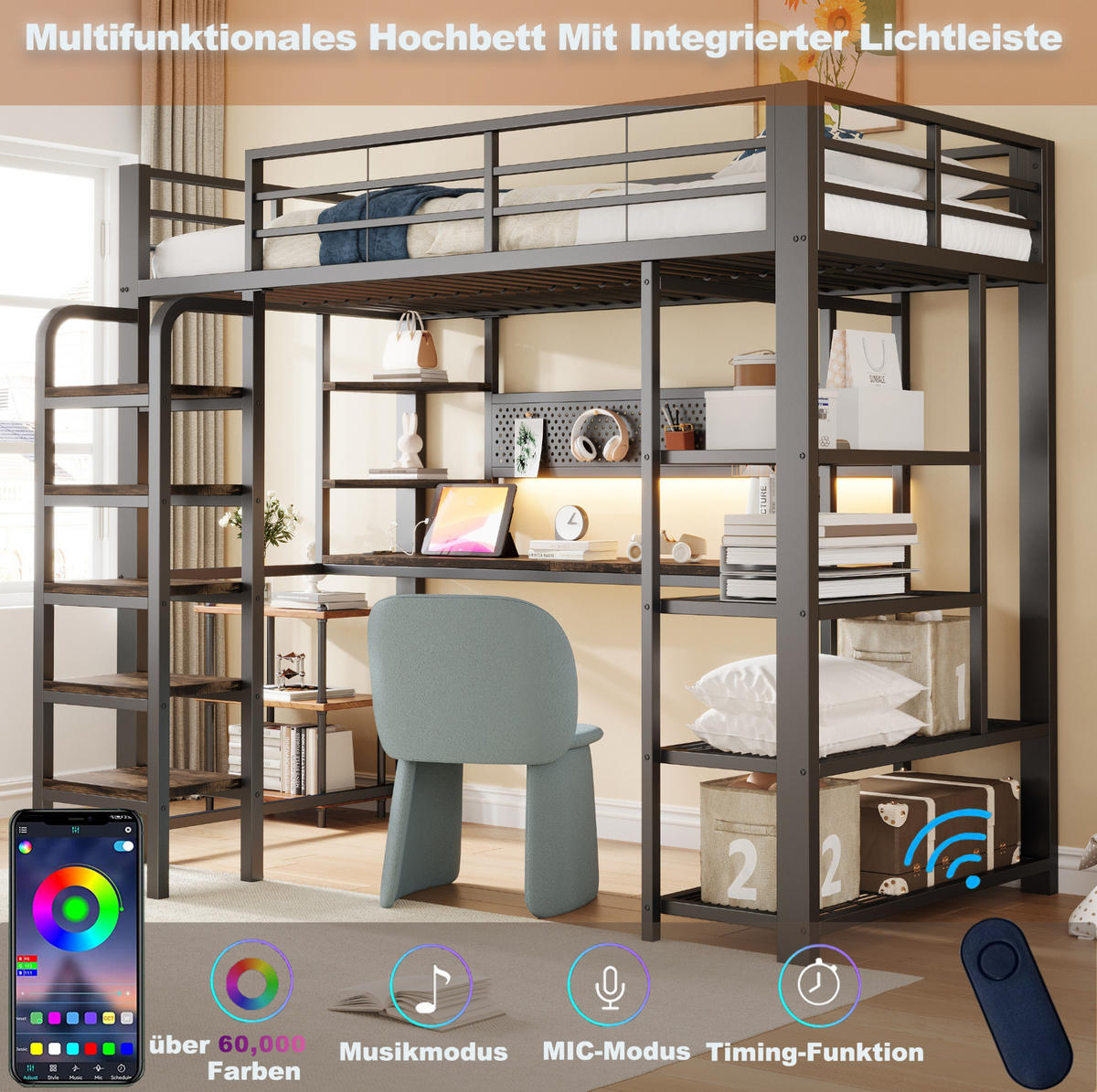 HOCHBETT 90/200 cm aus Metall und Holz mit LED-Beleuchtung und Schreibtisch Schwarz - Schwarz, Metall (90/200cm) - Modenvie