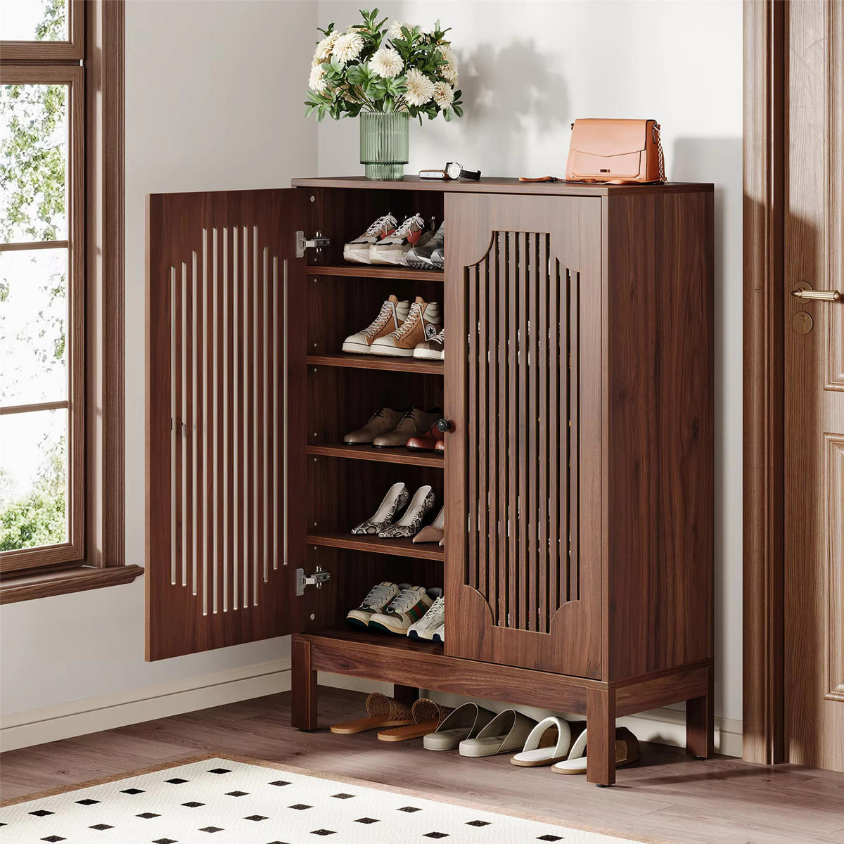 SCHUHSCHRANK Walnuss 5 Ebenen mit Türen - Braun, Holz (80/110/35cm) - Kaket