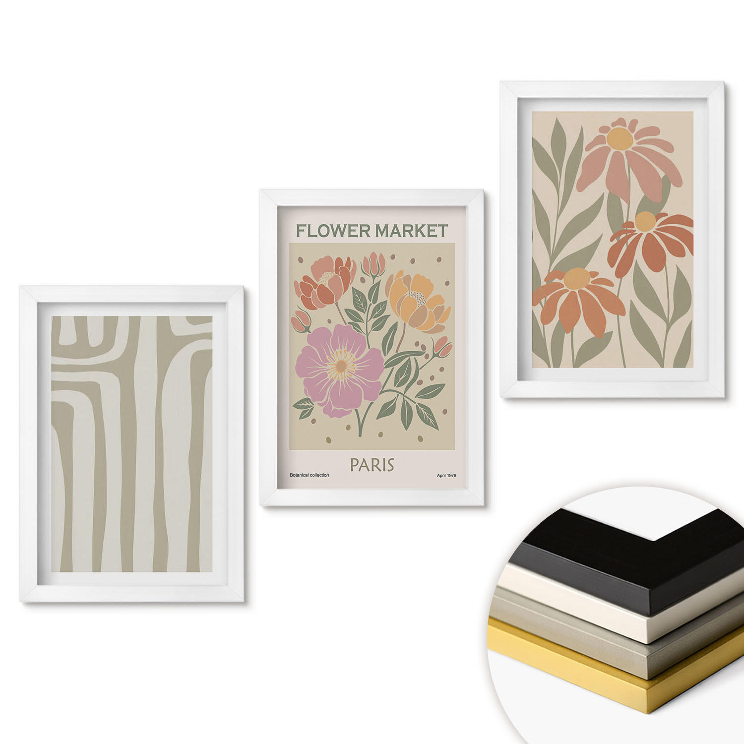 WANDBILDER 3er-Set - 20x30 cm Weißer Rahmen - Botanische Motive, Pariser Minimalismus - Weiß, Kunststoff (20/30cm) - ArtPrintCave