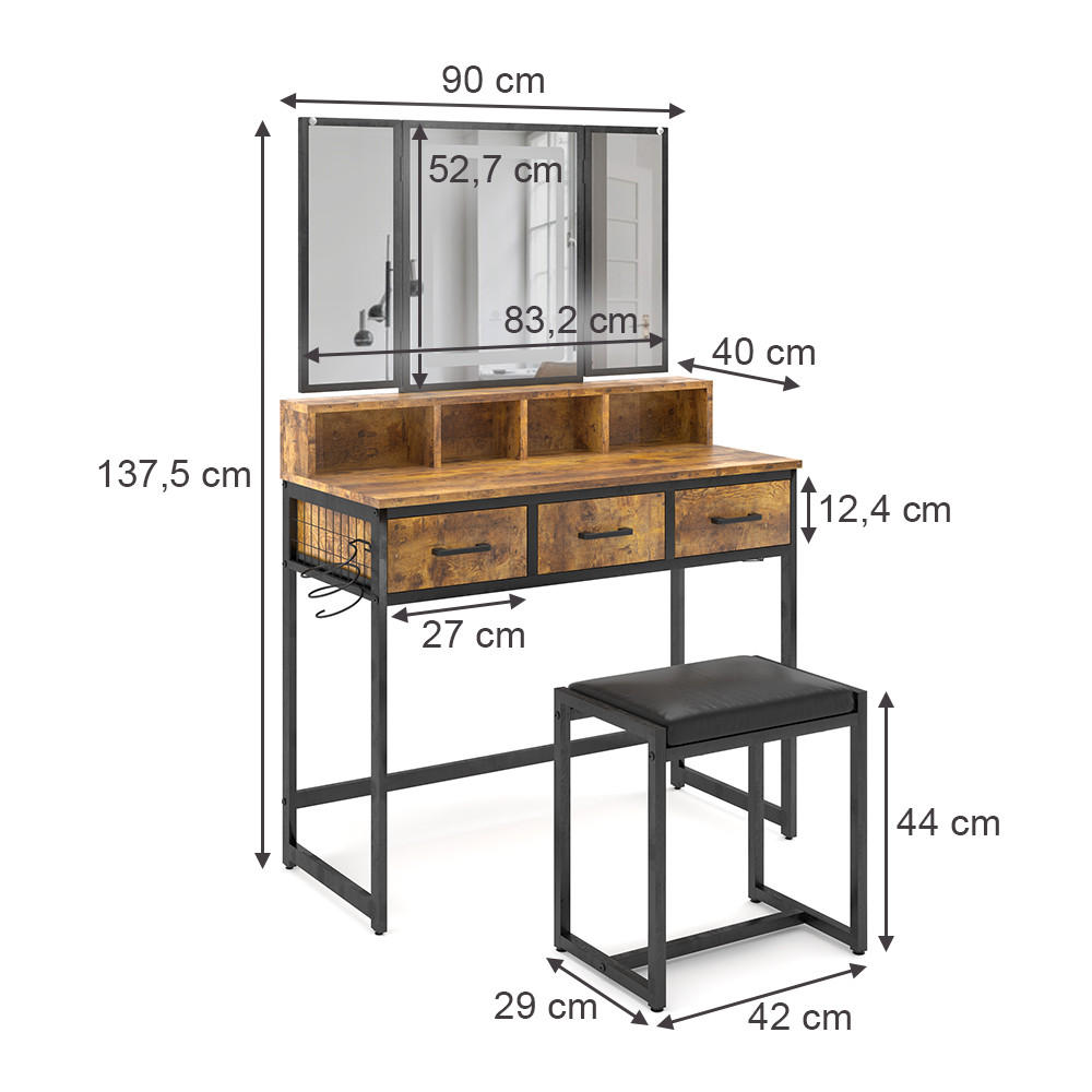 SCHMINKTISCH Fyrk Eiche rustikal 90 cm mit Hocker und LED-Spiegel - Wildeiche, Holzwerkstoff (90/137.5/40cm) - Vicco