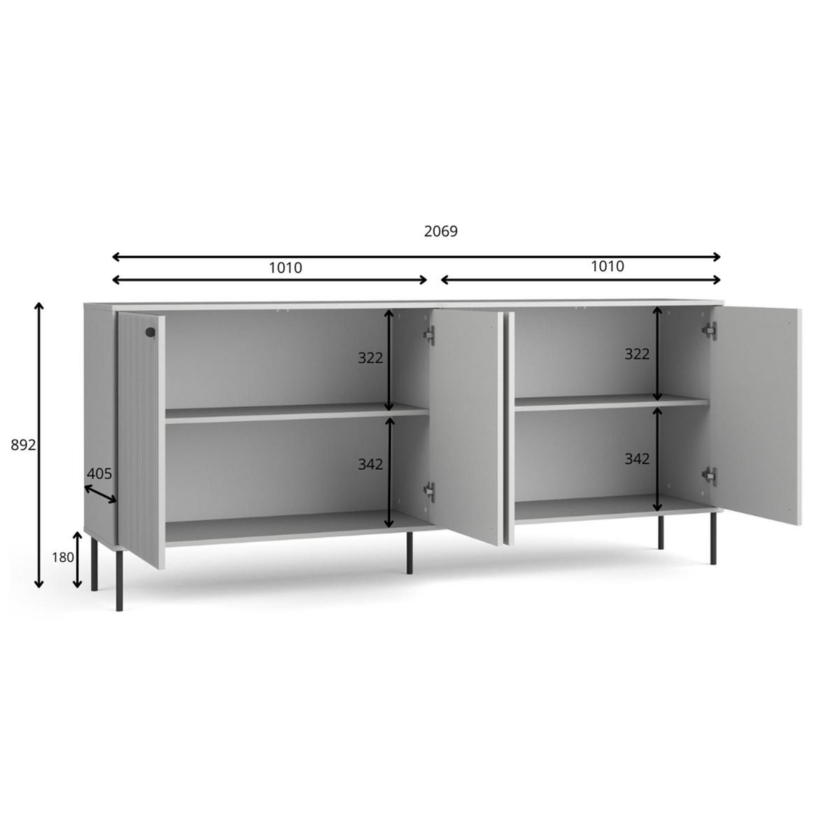 SIDEBOARD Irelis 4T Grau 207/89,2/41 cm – mit geriffelten Fronten, mit schwarzen Beinen - Schwarz/Grau, Holzwerkstoff/Metall (207/89.2/41cm) - AX Living
