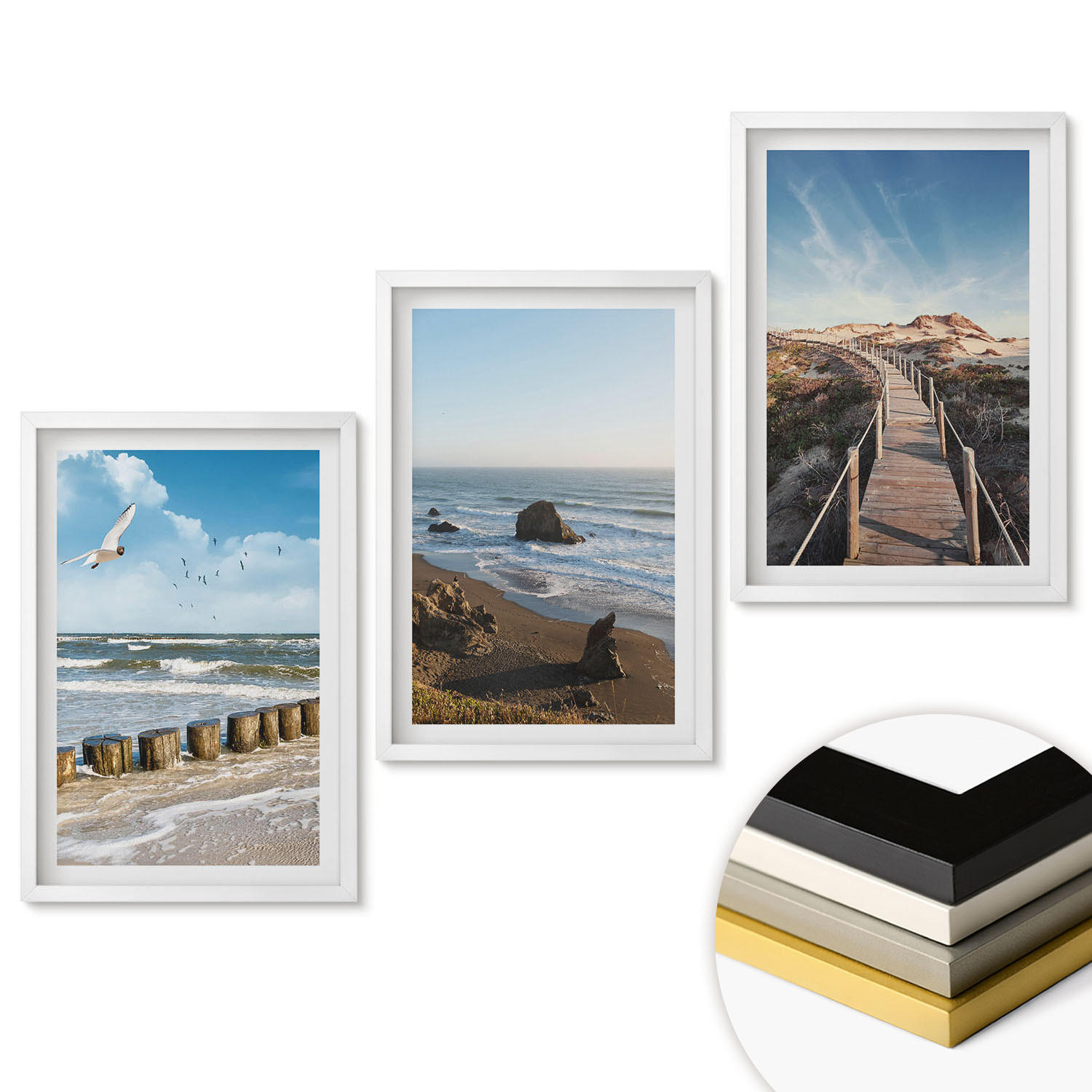 WANDBILDER 3er-Set - 40x60 cm Weißer Rahmen - Strandwellen, Himmelsbrücke, Spaziergang - Weiß, Kunststoff (40/60cm) - ArtPrintCave