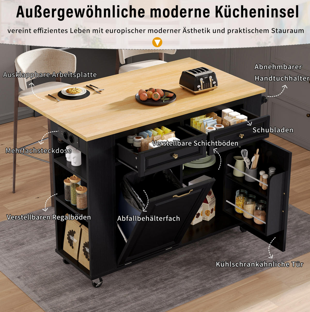 KUCHYŇSKÝ ostrůvek 120/40-70/92 cm s výklopnou pracovní deskou, úložným prostorem a zásuvkami, Černá a přírodní - černá, kompozitní dřevo (120/92/70cm) - Redom
